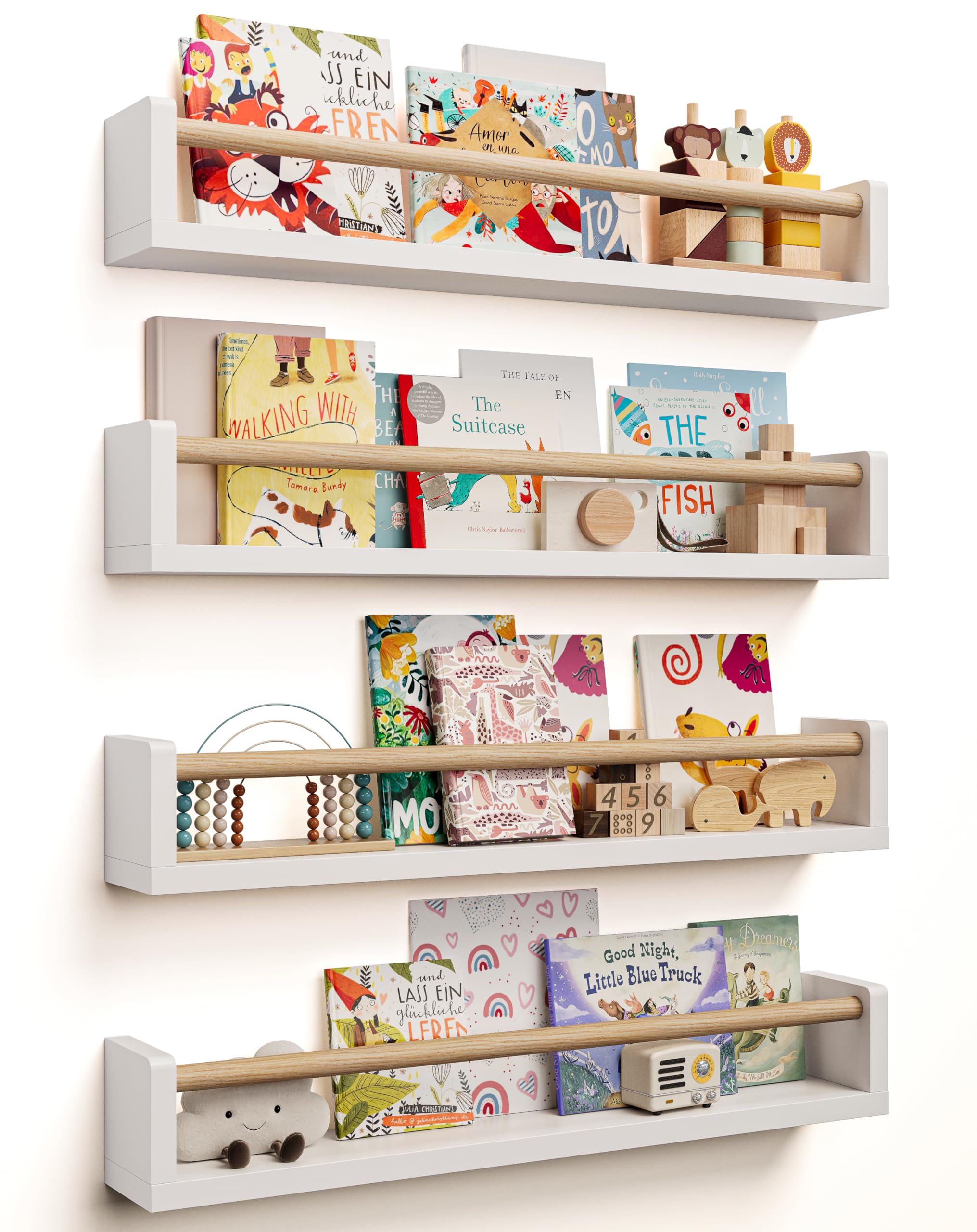 Wall-Mounted Nursery Bookshelves 4-Pack White Wood 23 Inches