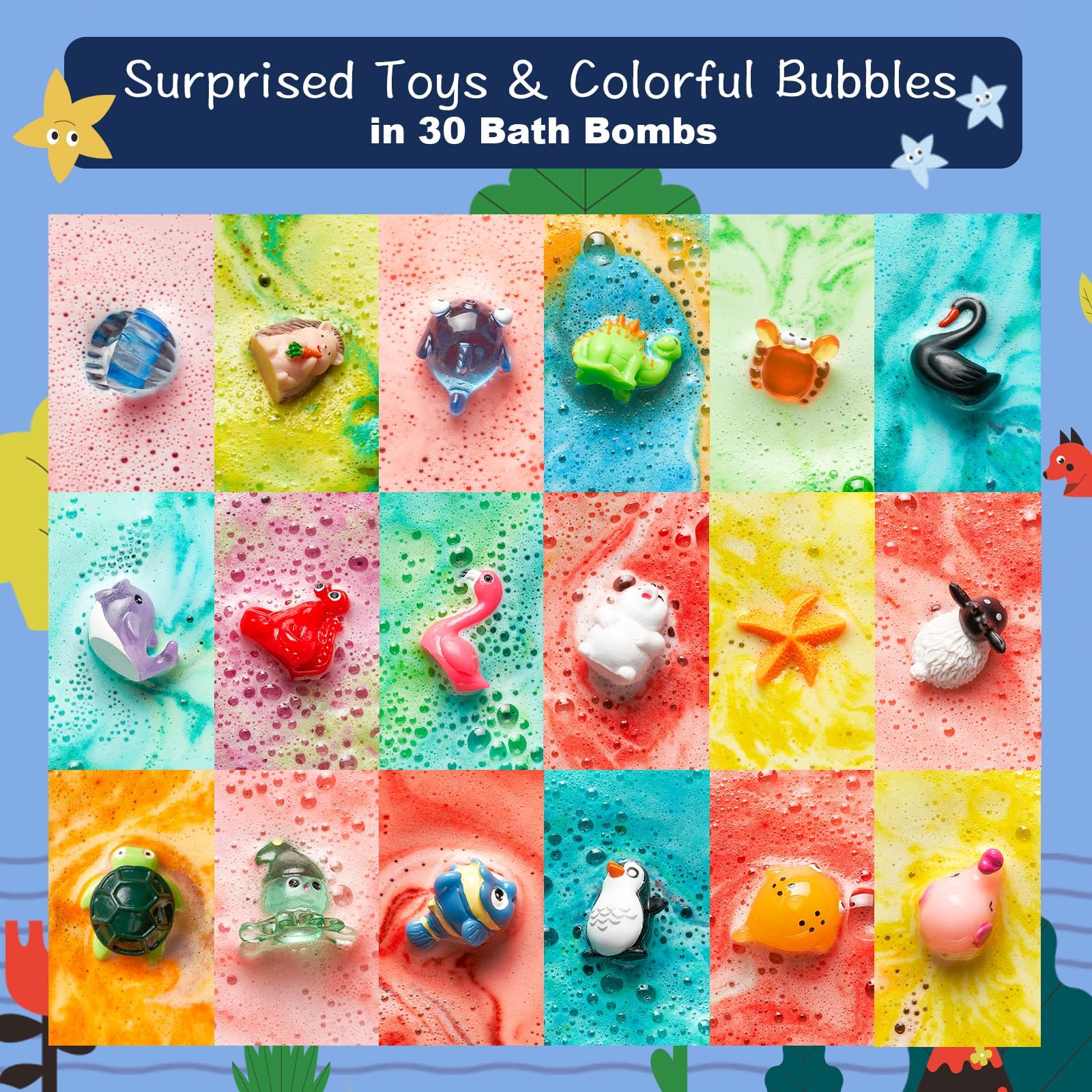 Kids Bath Bombs with Surprise Toys Inside - 30 Pack Gift Set with Animal Figures