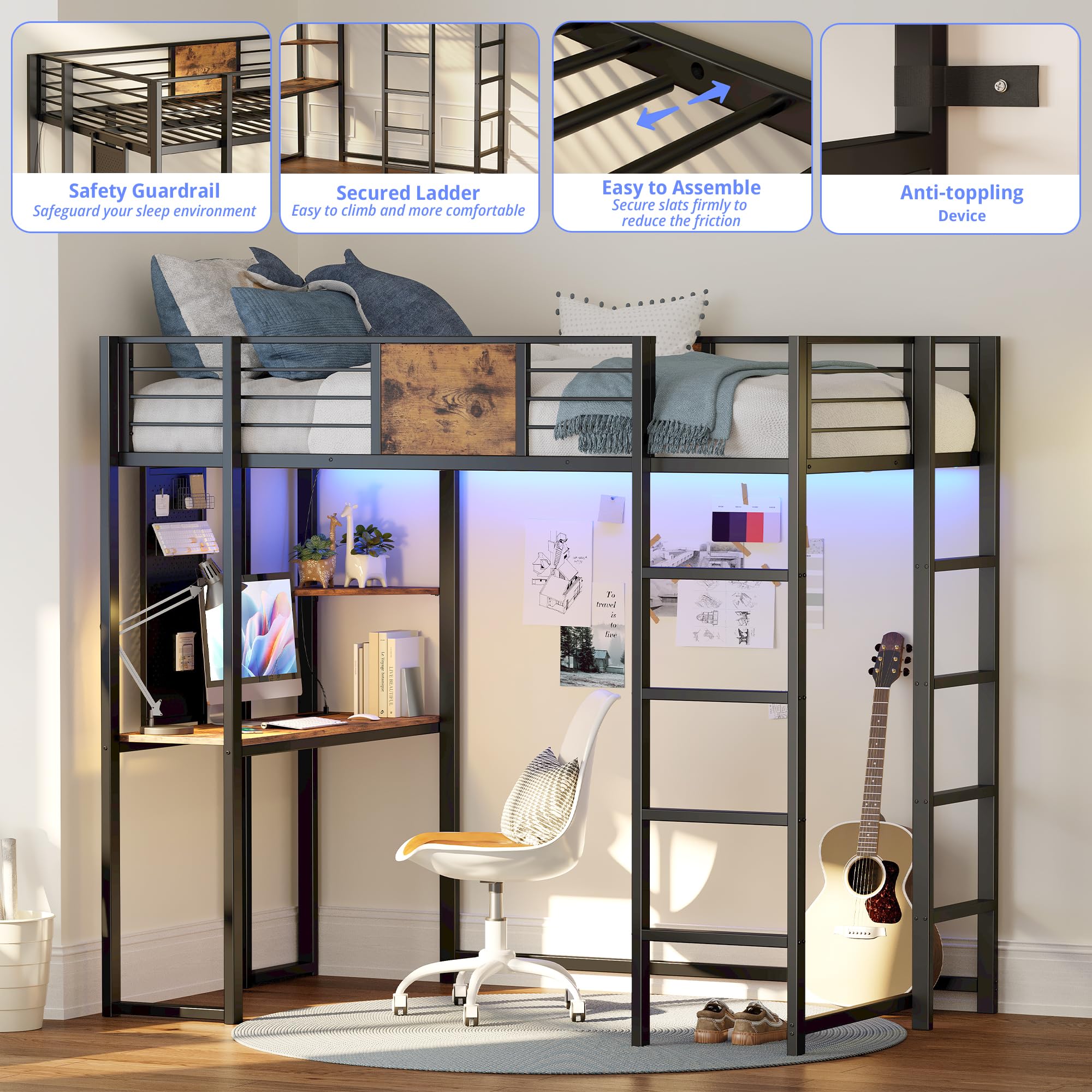 Twin Metal Loft Bed with Desk and Shelves