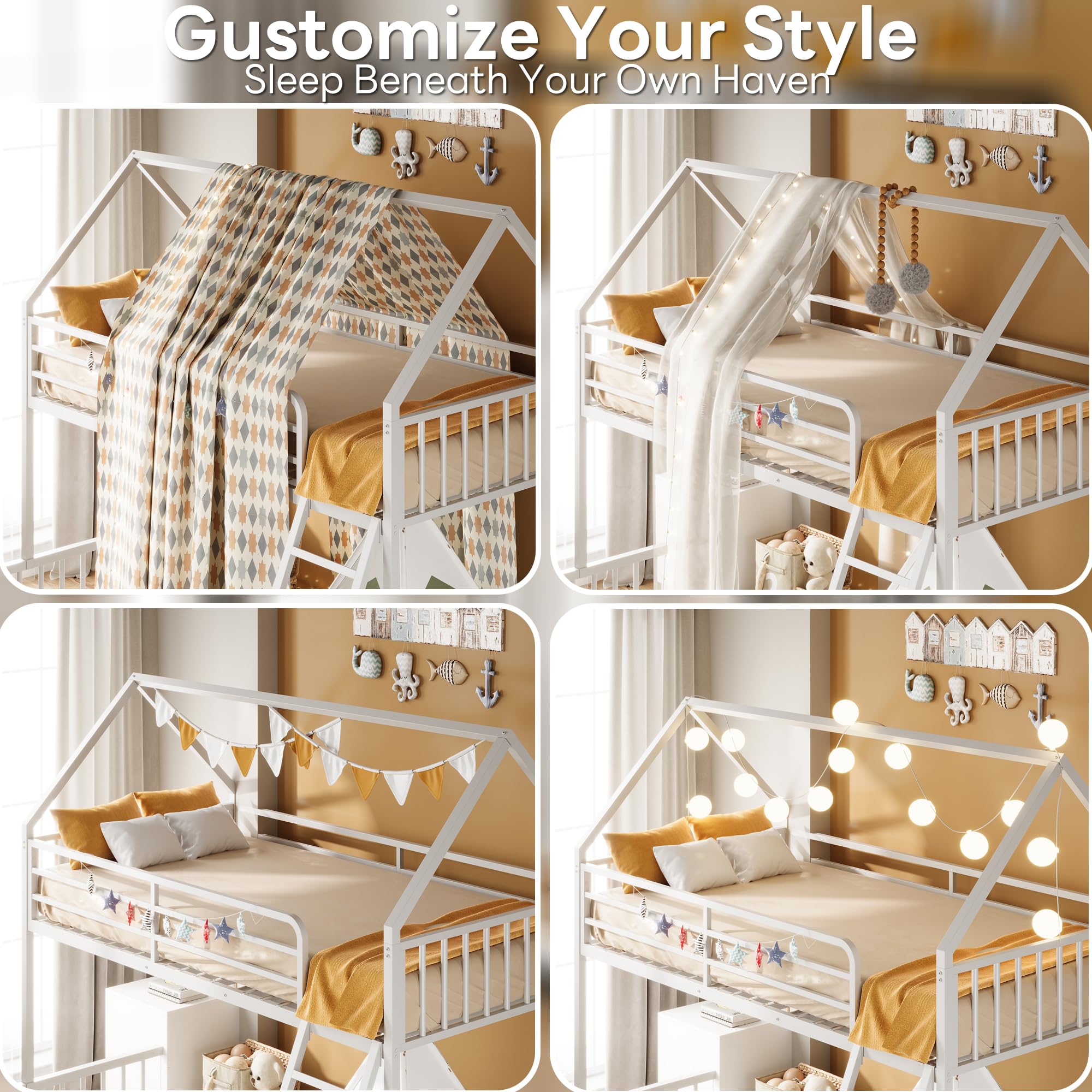 Twin Over Full House Bunk Bed with Ladder and Guardrail