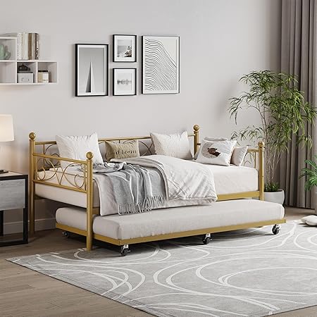 Daybed with Trundle Bed, Twin Size Day Bed with Floral Headboard