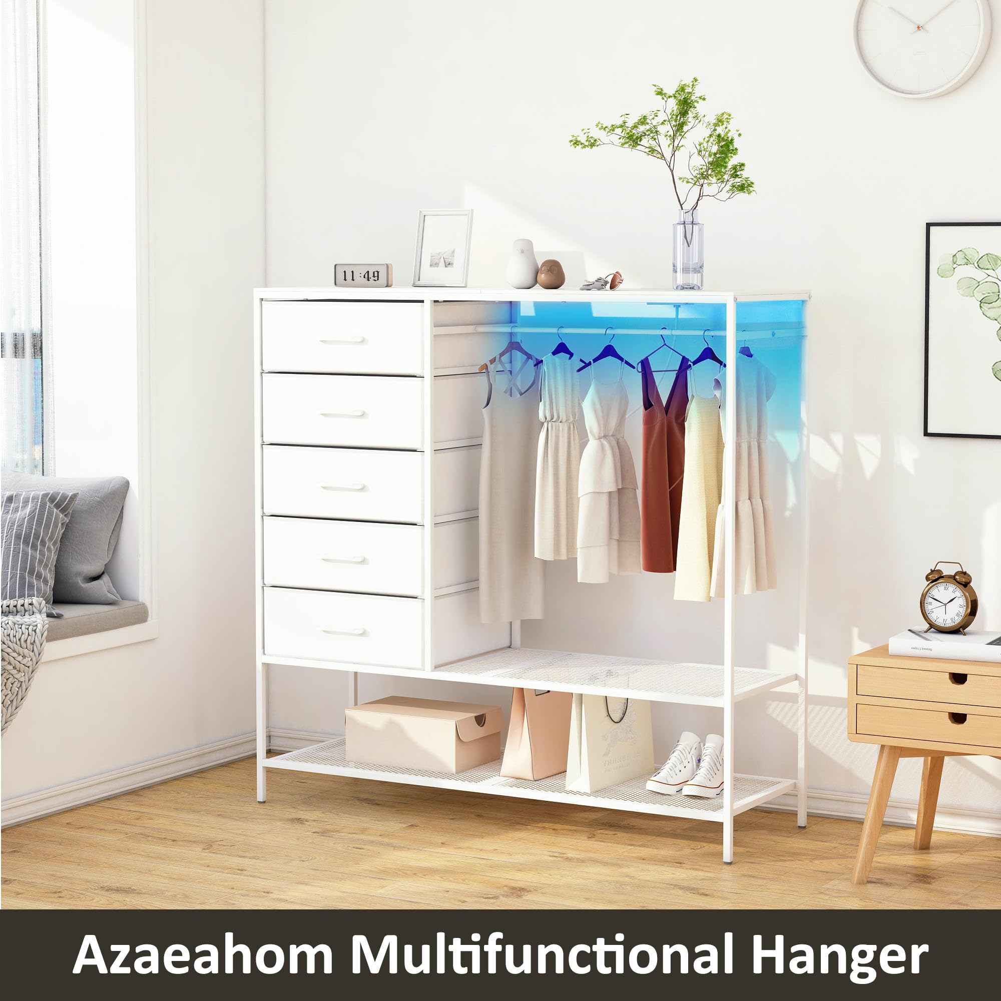 Fabric Dresser with Hanging Rack and LED Lights
