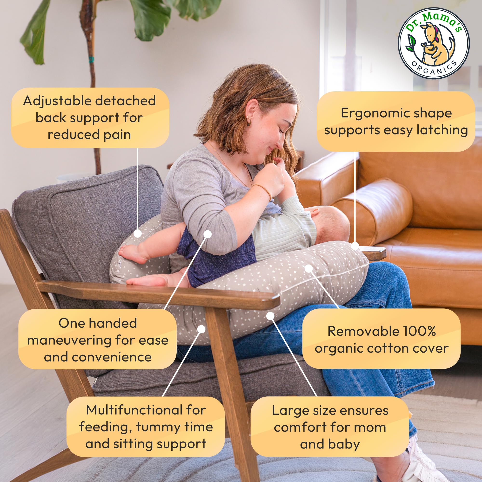 Dr. Mama's Organics Nursing Pillow with Lumbar Support - Ergonomic Design Helps Relieve Back Pain and Arm Fatigue - for Bottle and Breastfeeding - Removable Organic Cotton Cover - Gray