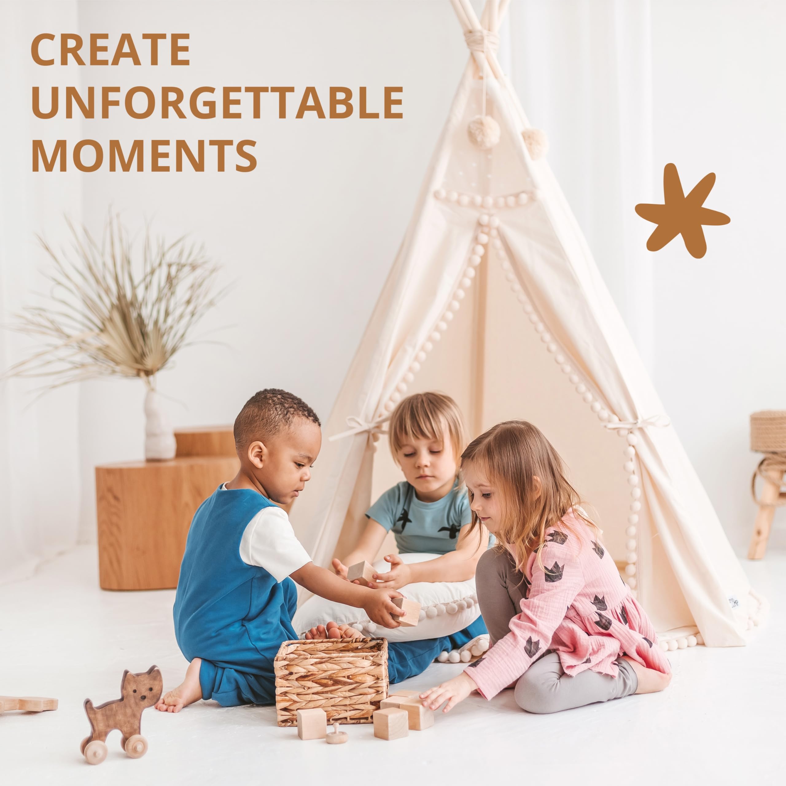 MINICAMP Original Teepee Tent for Kids - Play Tent for Girls & Boys - Natural Canvas Kids Indoor Tent for Toddlers 3-5 - Extra-Stable Children's Sleepover Tipi with Padded Mat Included - Pompom Decor