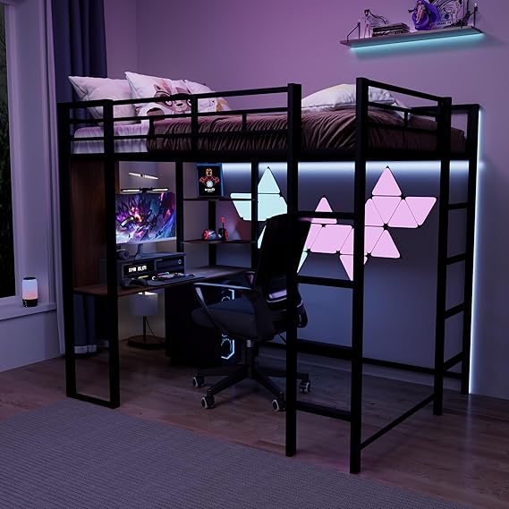 Metal Full Loft Bed with 2 Shelves and one Desk,Full Loft Bed,Easy Assembly