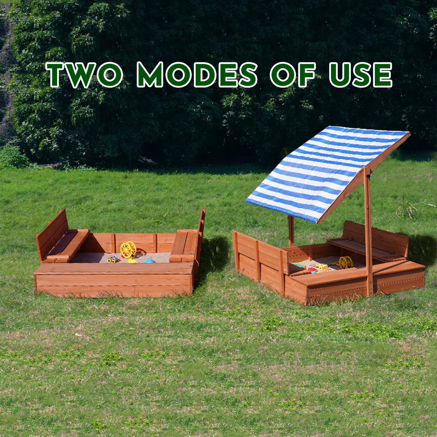 Wooden Outdoor Sandbox with Canopy and Storage Benches