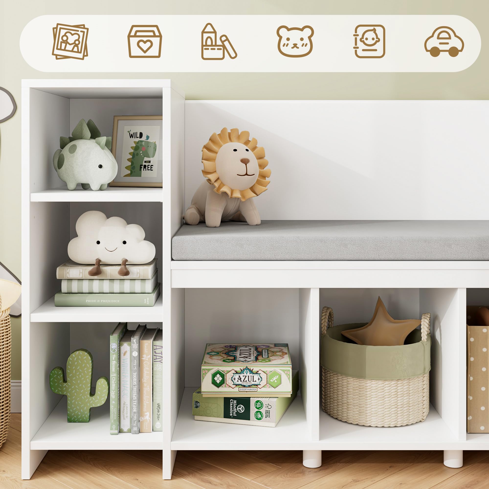 67" Kids Reading Nook with Bench, Kids Bookshelf and Bookcase s, Toy Storage Box on Wheels, Toy Chest for Playroom, Bedroom, School, White