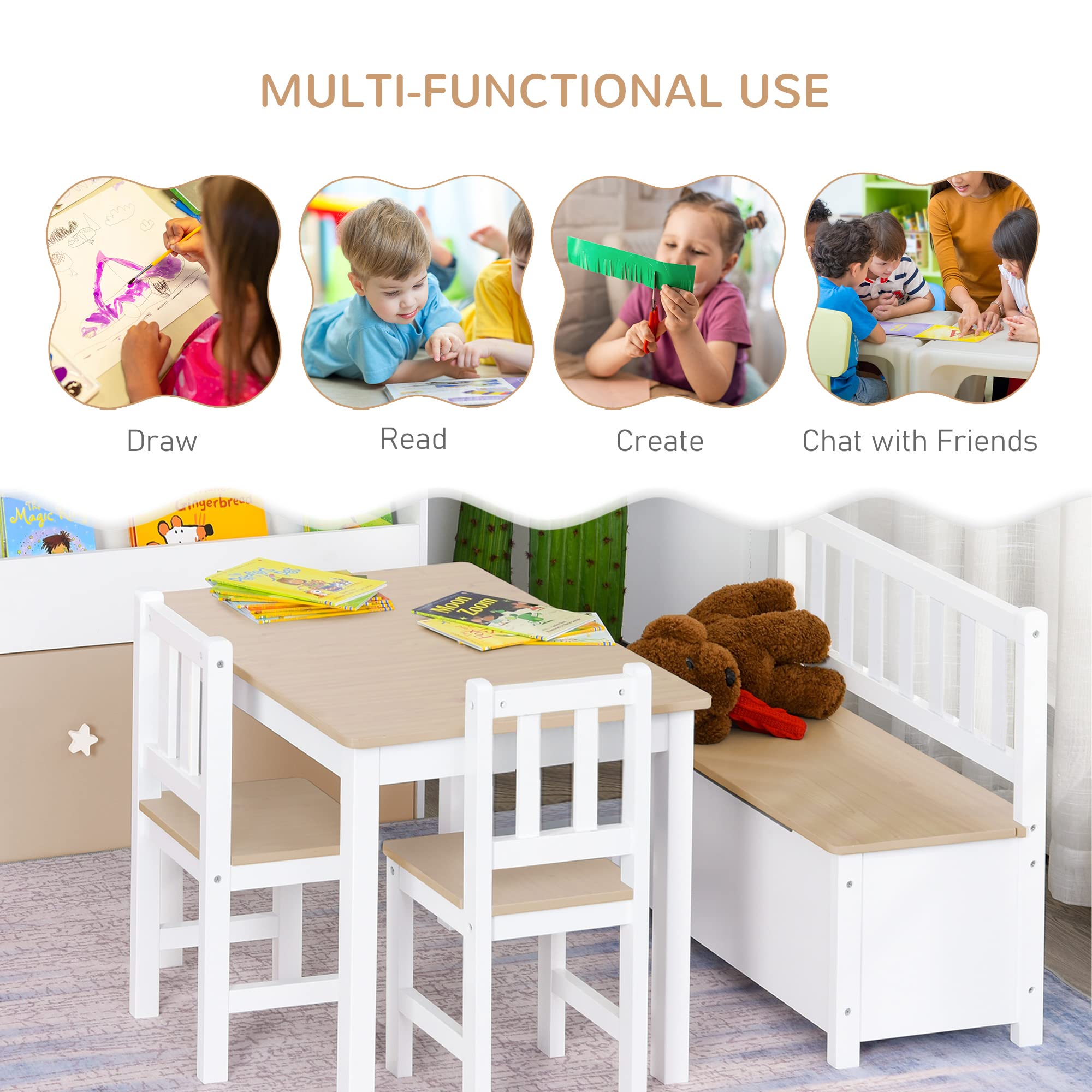 4-Piece Kids Table and Chair Set with Storage Bench