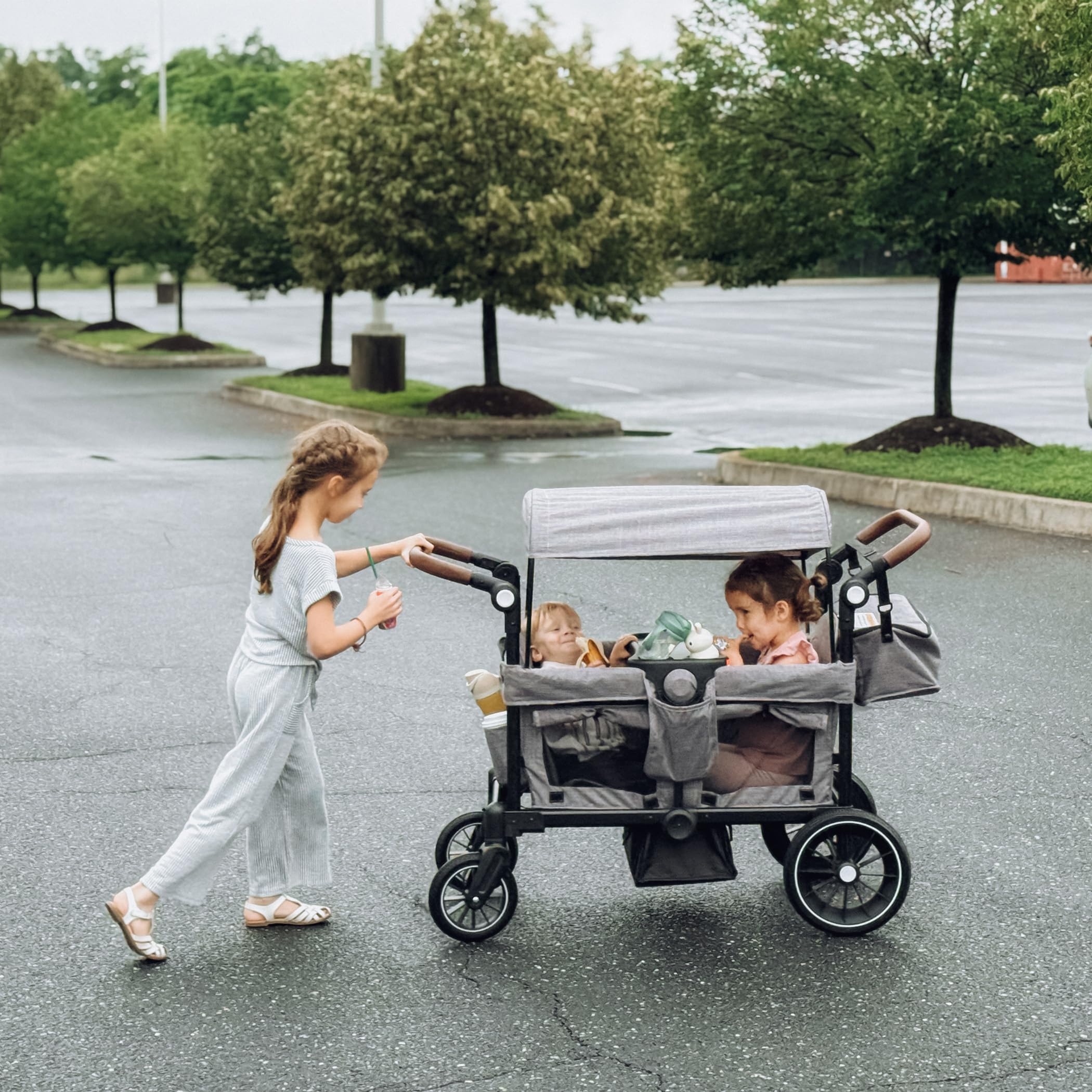 Wagon Stroller for 2 Kids, Foldable Kids Wagon Cart Featuring with Harnesses