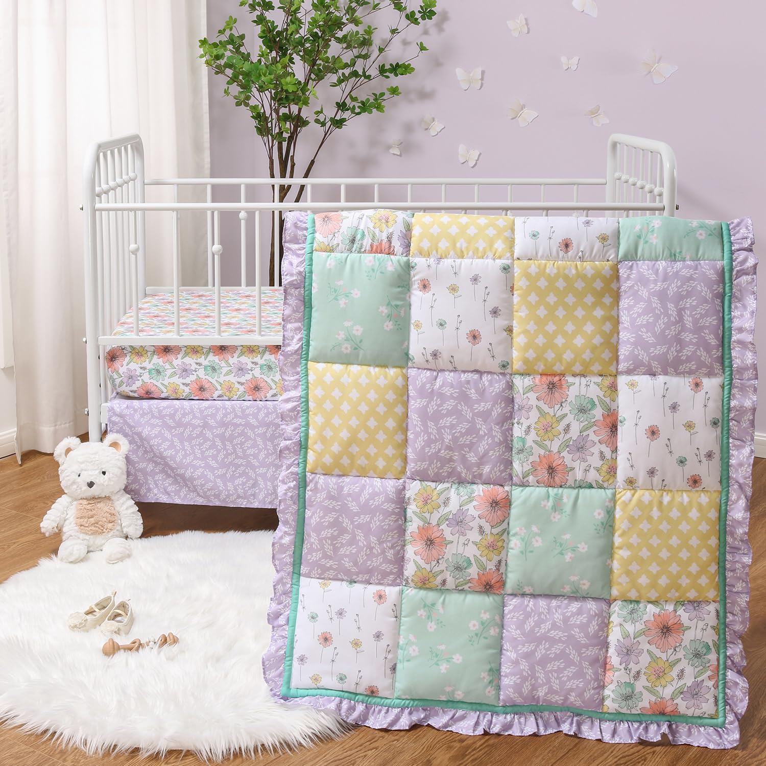 3 Piece Baby Crib Bedding Set - Lavender Vintage Floral