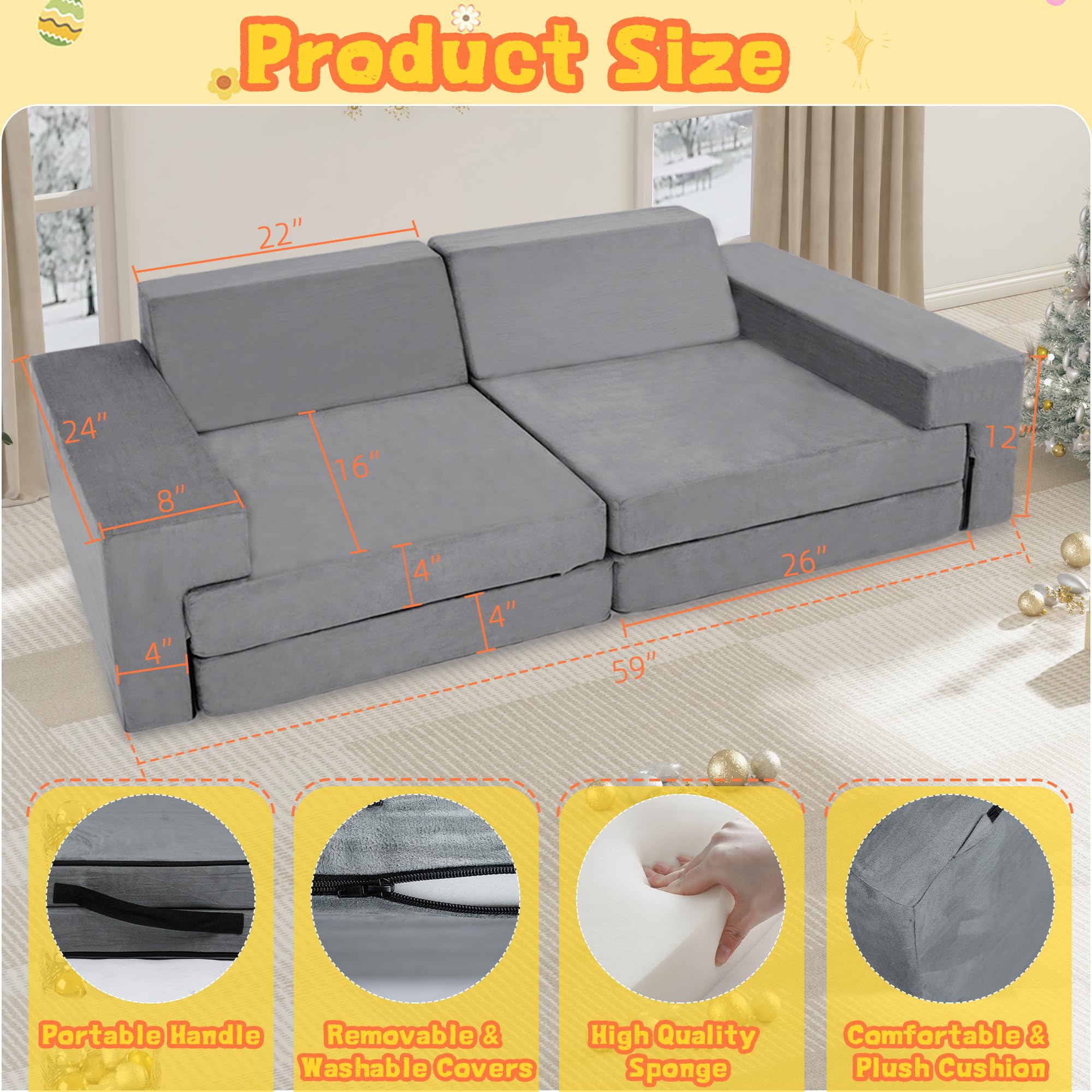 Kids Modular Play Couch Convertible Foam Sofa for Toddlers