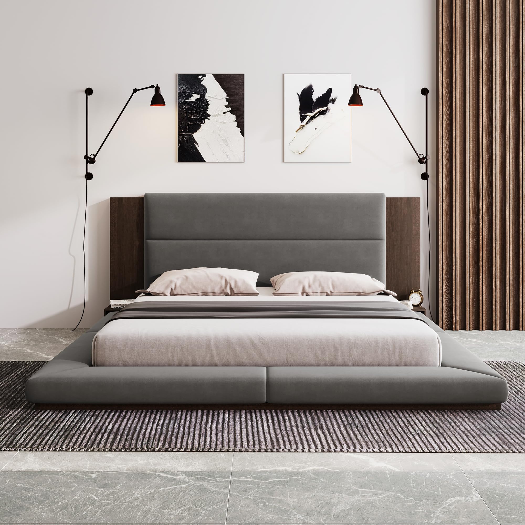 Queen Size Velvet Bed Frame, Upholstered Velvet Floor Bed Queen