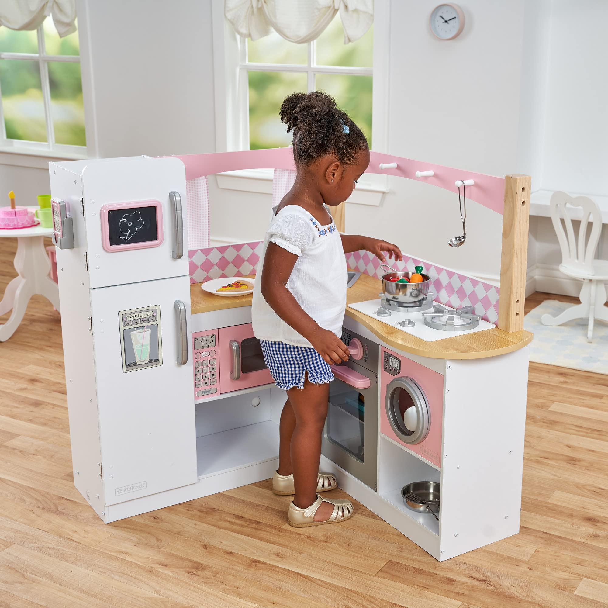 Grand Gourmet Corner Wooden Play Kitchen with Washer, Chalkboard