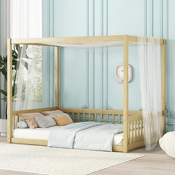 Full Size Canopy Bed Frame with Guardrails for Kids,Floor Bed Full