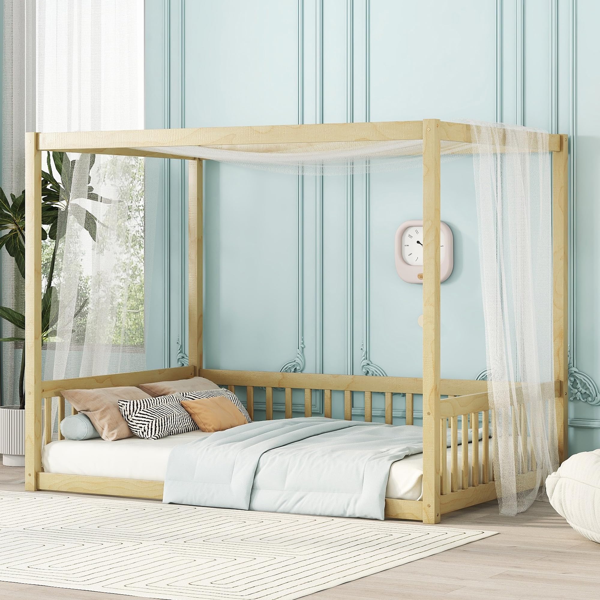 Full Size Canopy Bed Frame with Guardrails for Kids,Floor Bed Full