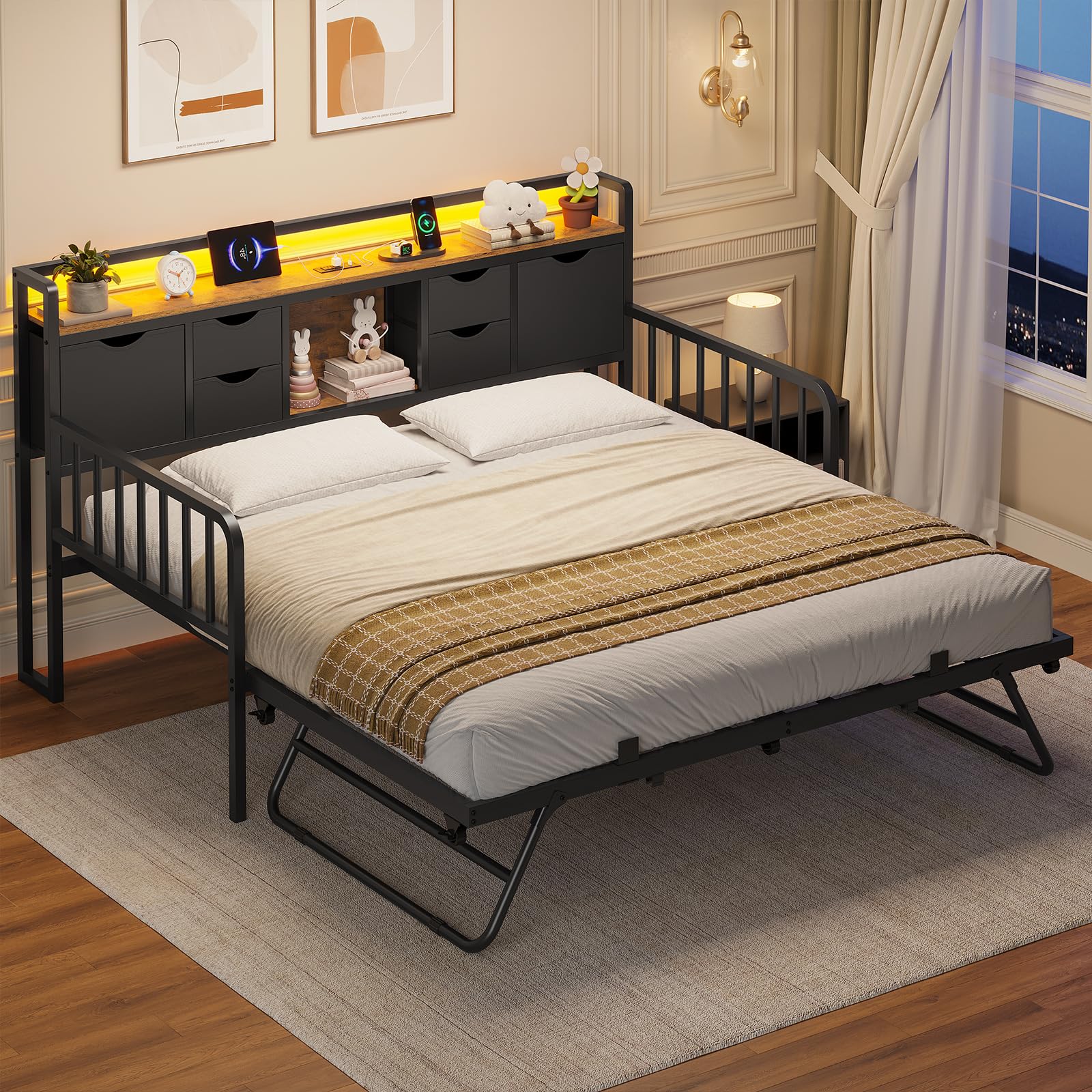 ADORNEVE Daybed with Trundle, Twin Day Bed with Storage Headboard & Charging Station, Height Adjustable Metal Trundle Bed Twin, Sofa Bed Frame for Living Room, Bedroom and Guest Room, Black