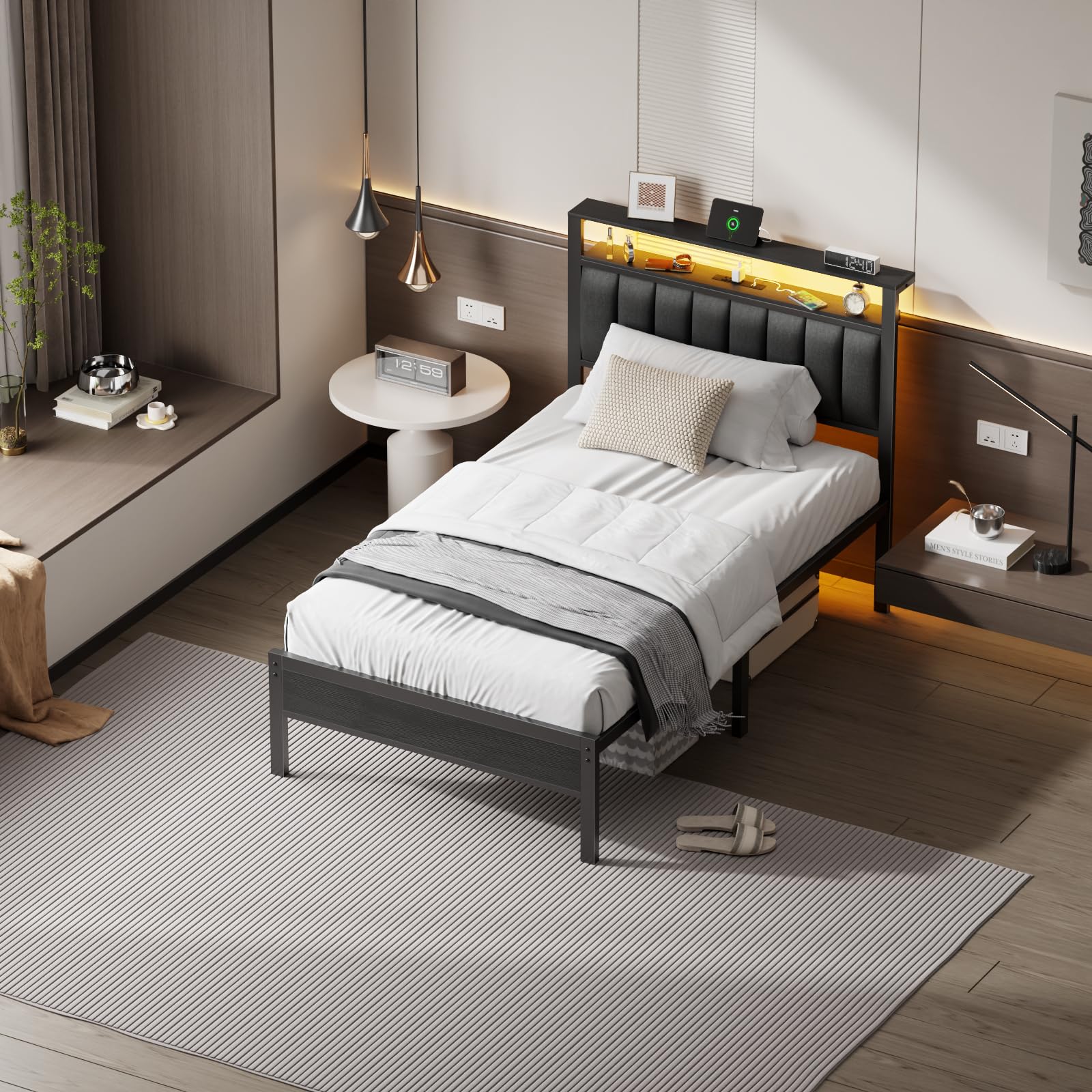 Twin Bed Frame with LED Lights and Charging Station