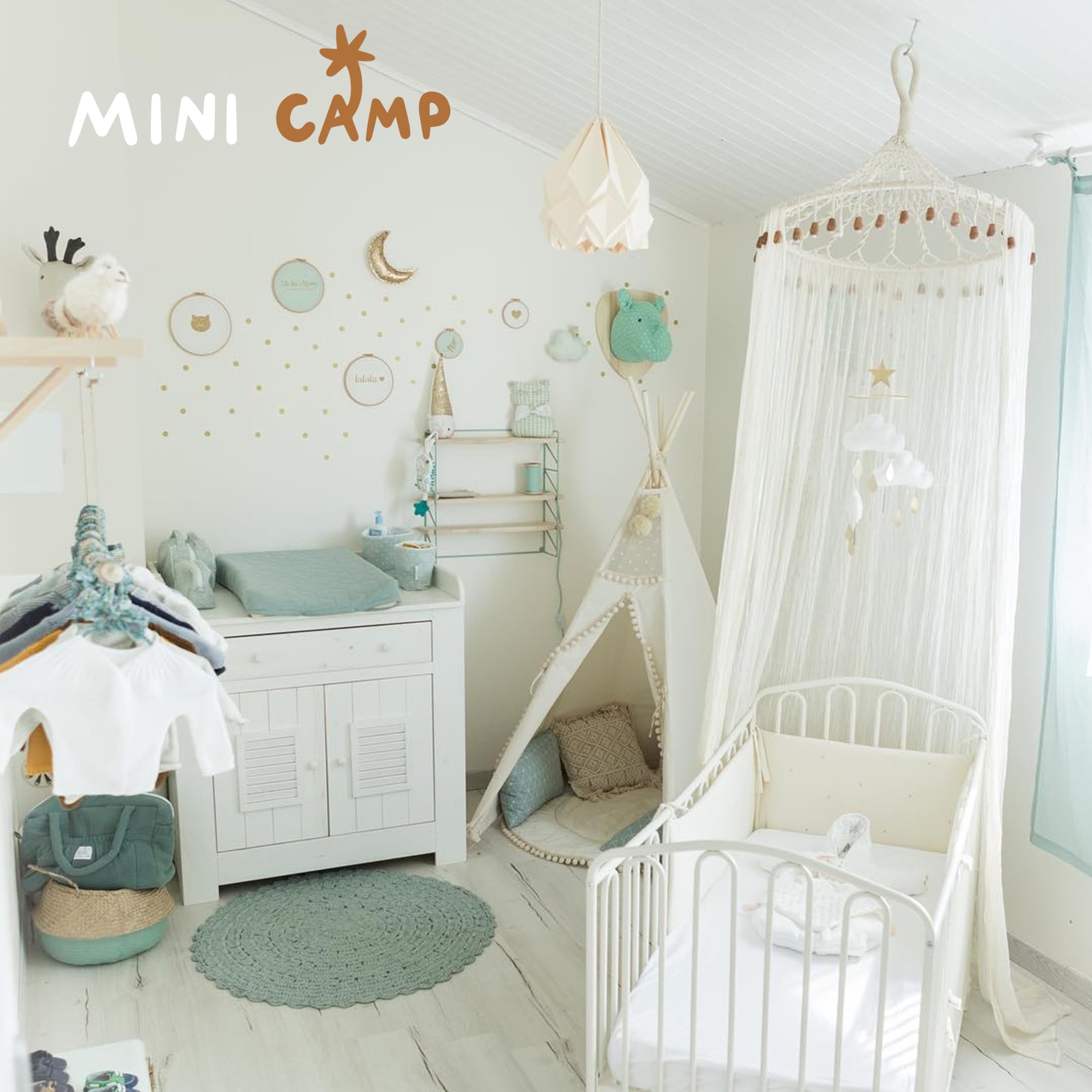 MINICAMP Original Teepee Tent for Kids - Play Tent for Girls & Boys - Natural Canvas Kids Indoor Tent for Toddlers 3-5 - Extra-Stable Children's Sleepover Tipi with Padded Mat Included - Pompom Decor