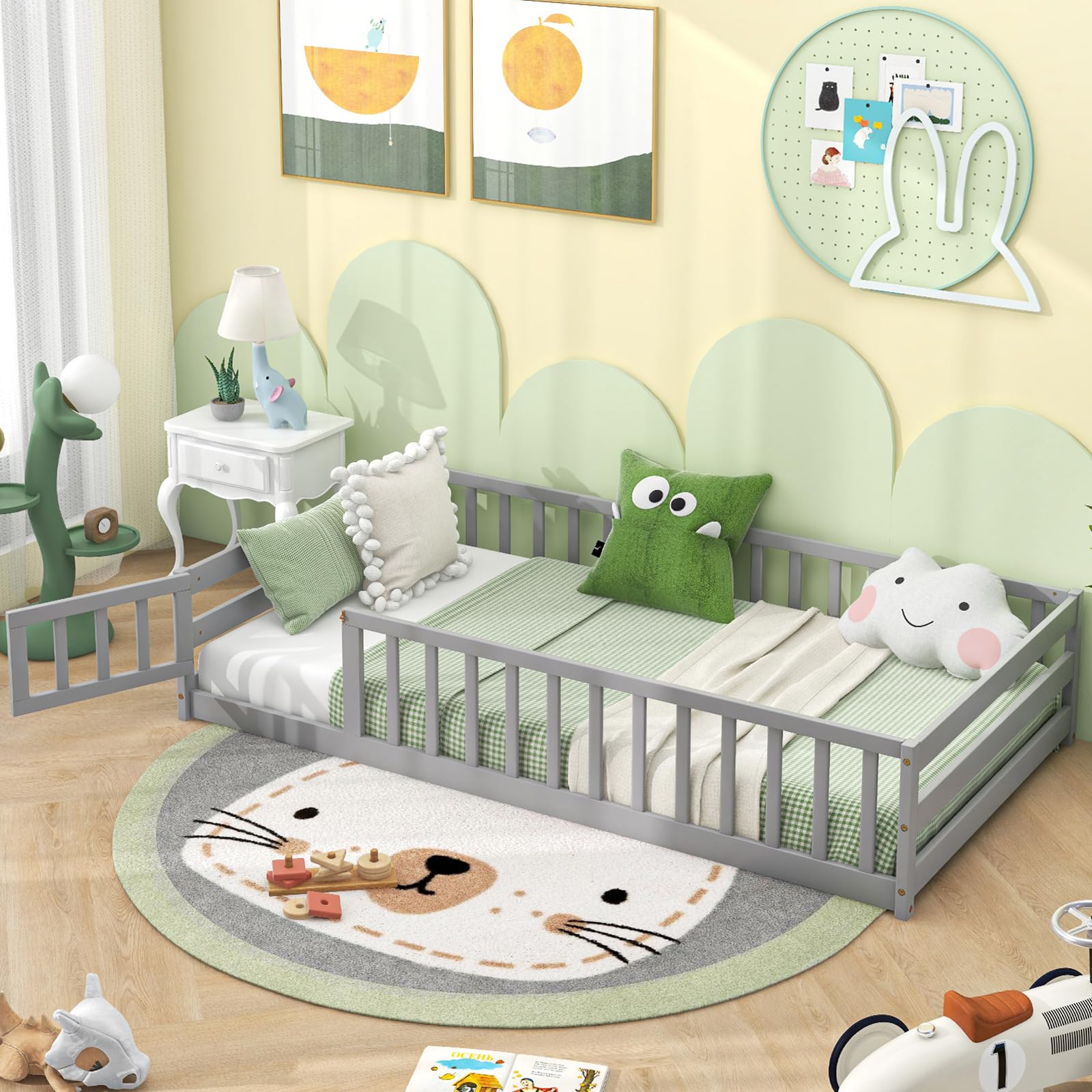 Twin Floor Bed with Door & Fence, Kids Wood Montessori Bed with Safety Guardrails