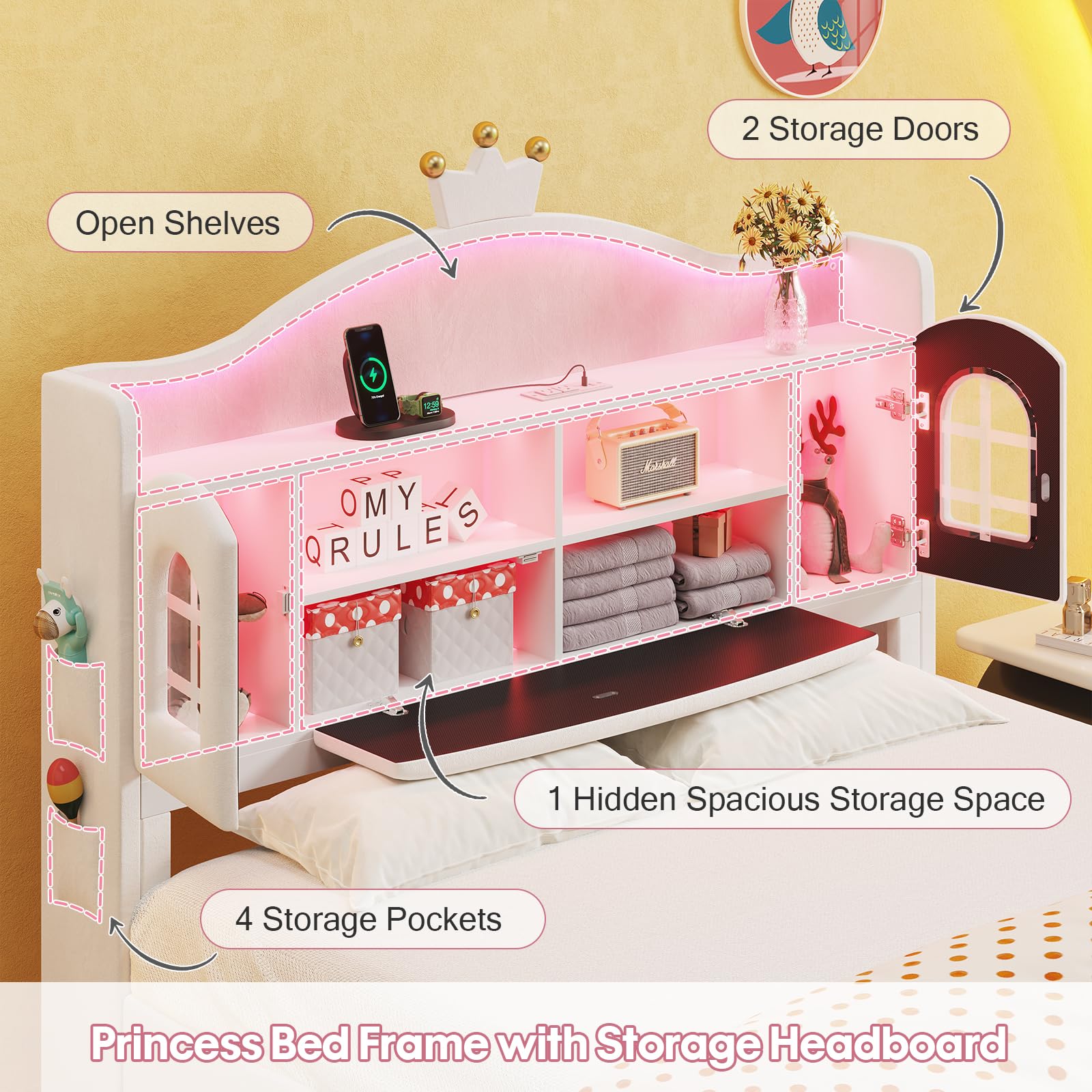Princess Bed Frame Full Size with LED Lights and Storage