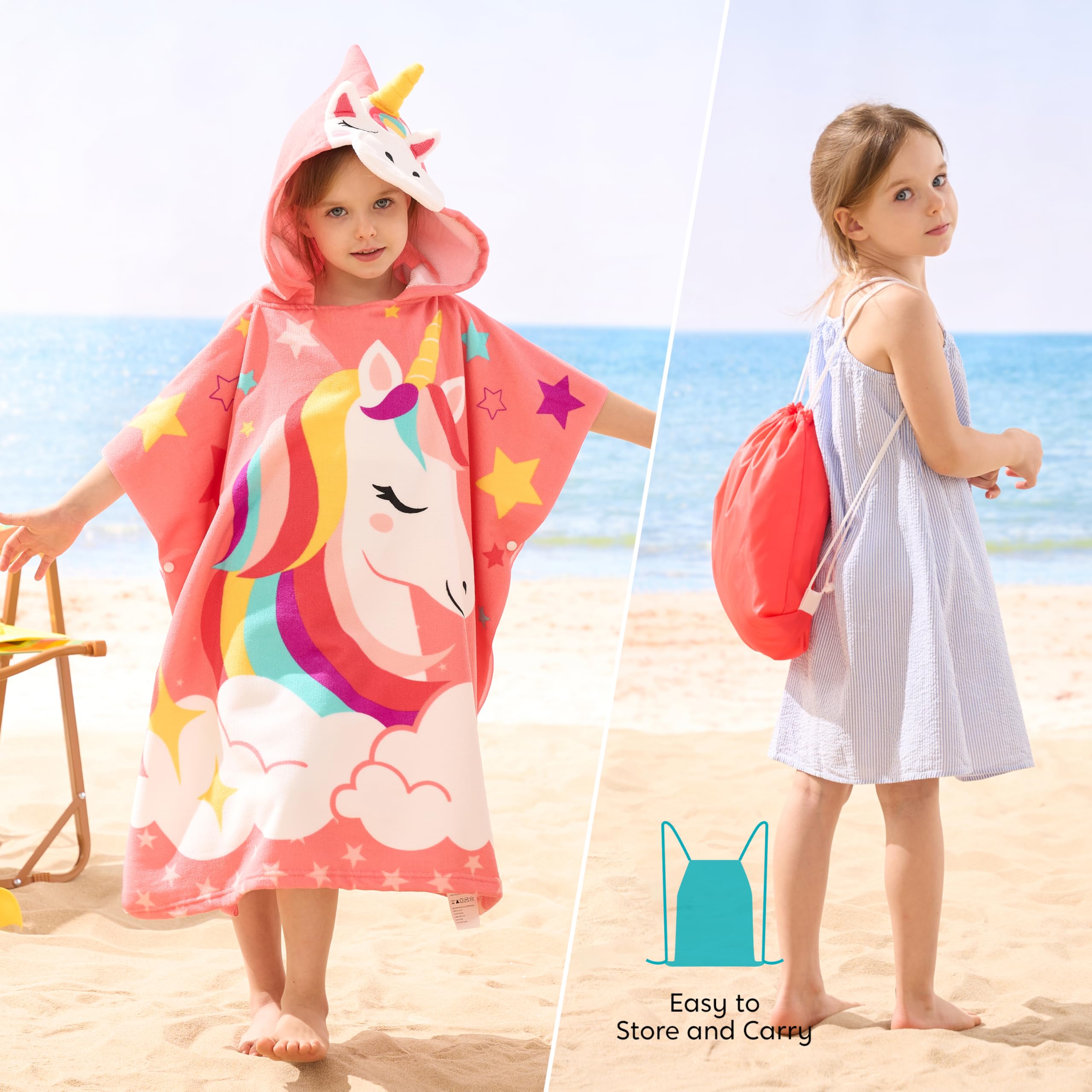 Kids Hooded Beach Towel Poncho with Snap Buttons