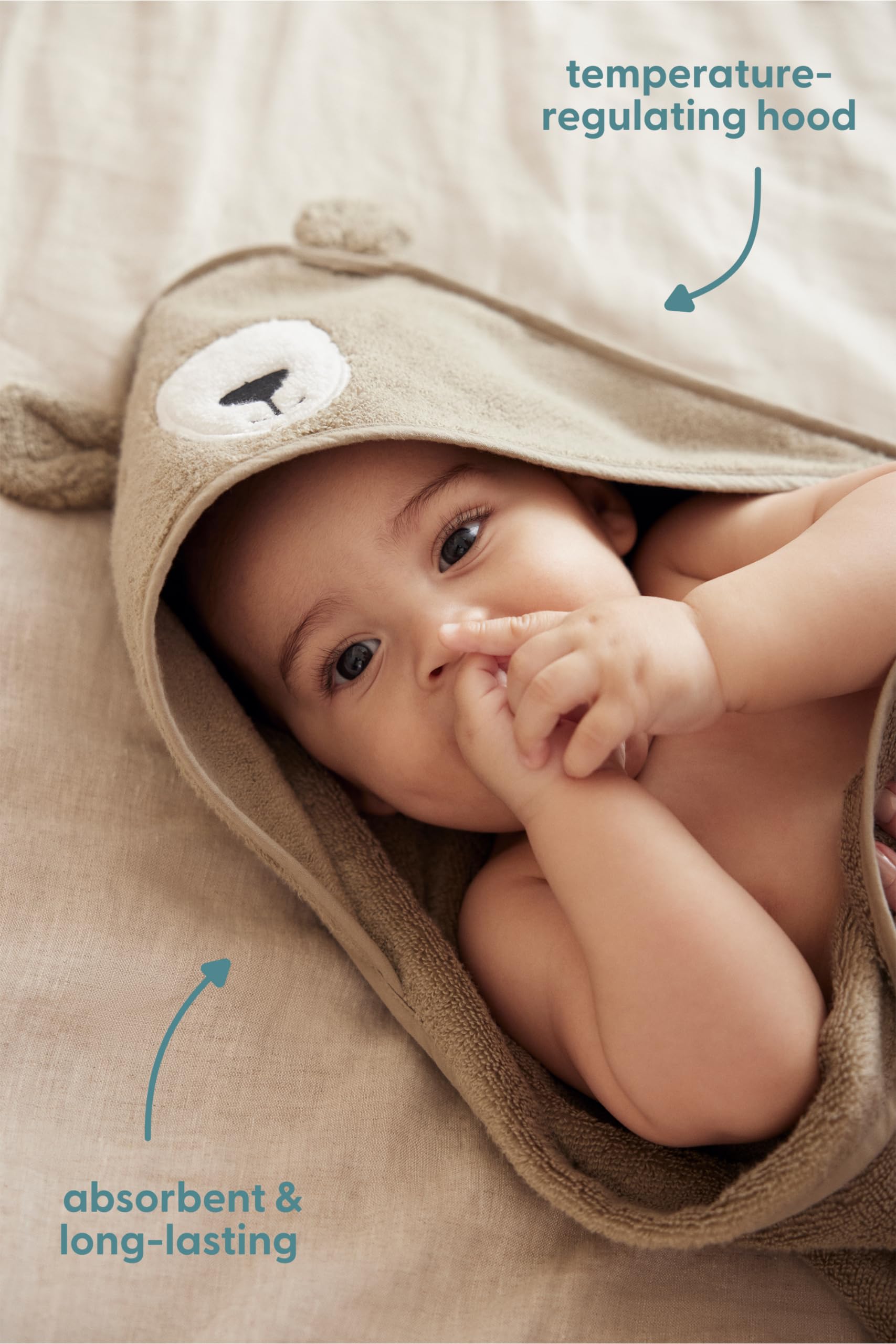 Hooded Bath Towel with Bear Design in Taupe - Unisex Soft Cotton