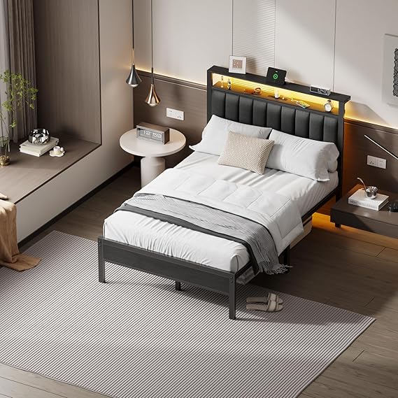 Twin Size Bed Frame with Charging Station and LED Lights