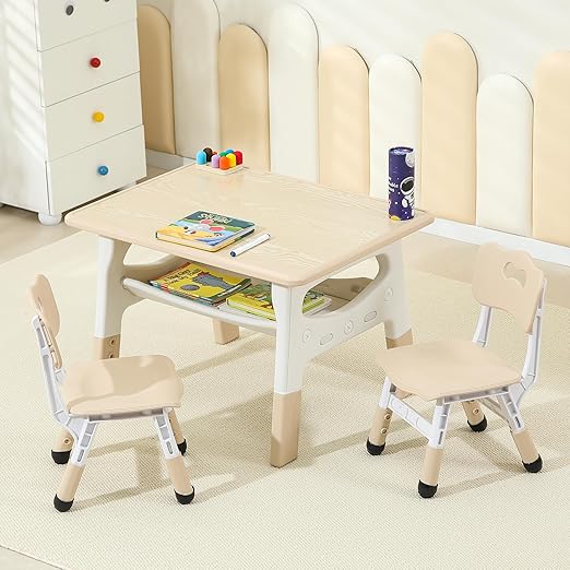 Kids Table and Chairs, Height Adjustable Toddler Table and 2