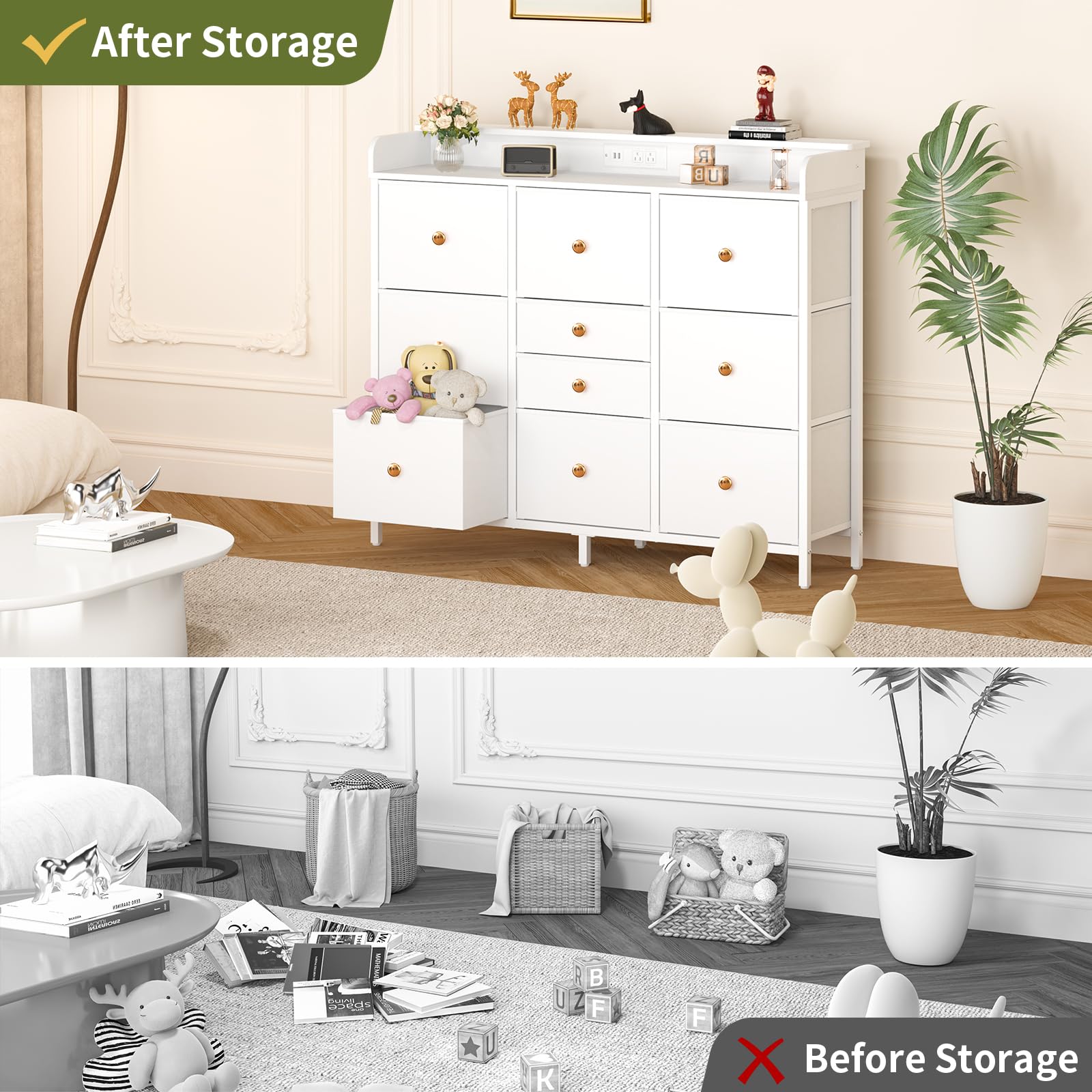 10-Drawer Dresser with Charging Station and LED Lights