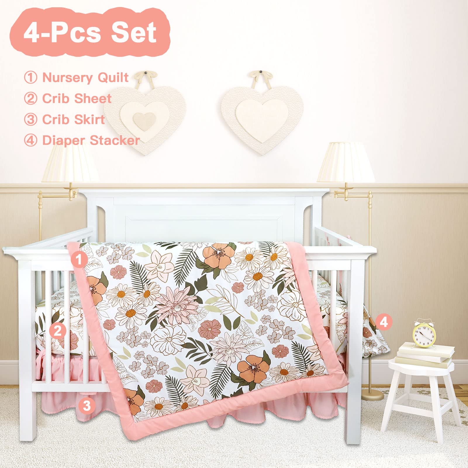 4-Piece Crib Bedding Set for Girls with Quilt, Sheet, Skirt and Diaper Stacker