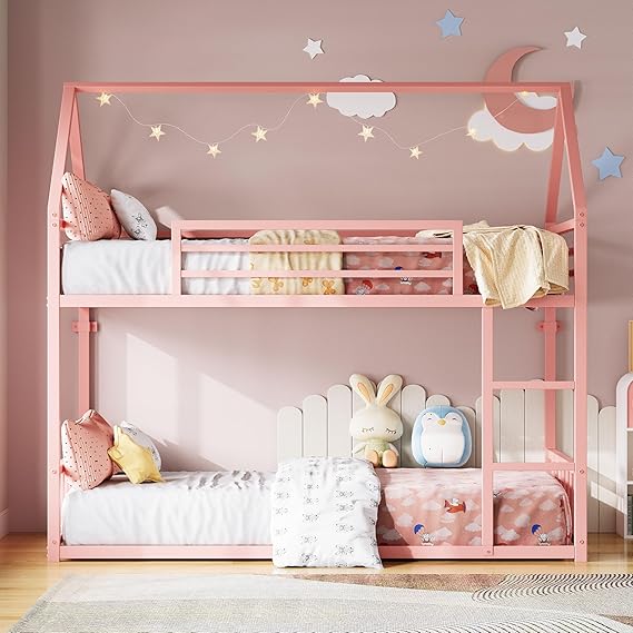 Bunk Bed Twin Over Twin, House Bunk Bed Frame with Ladder and Guardrail