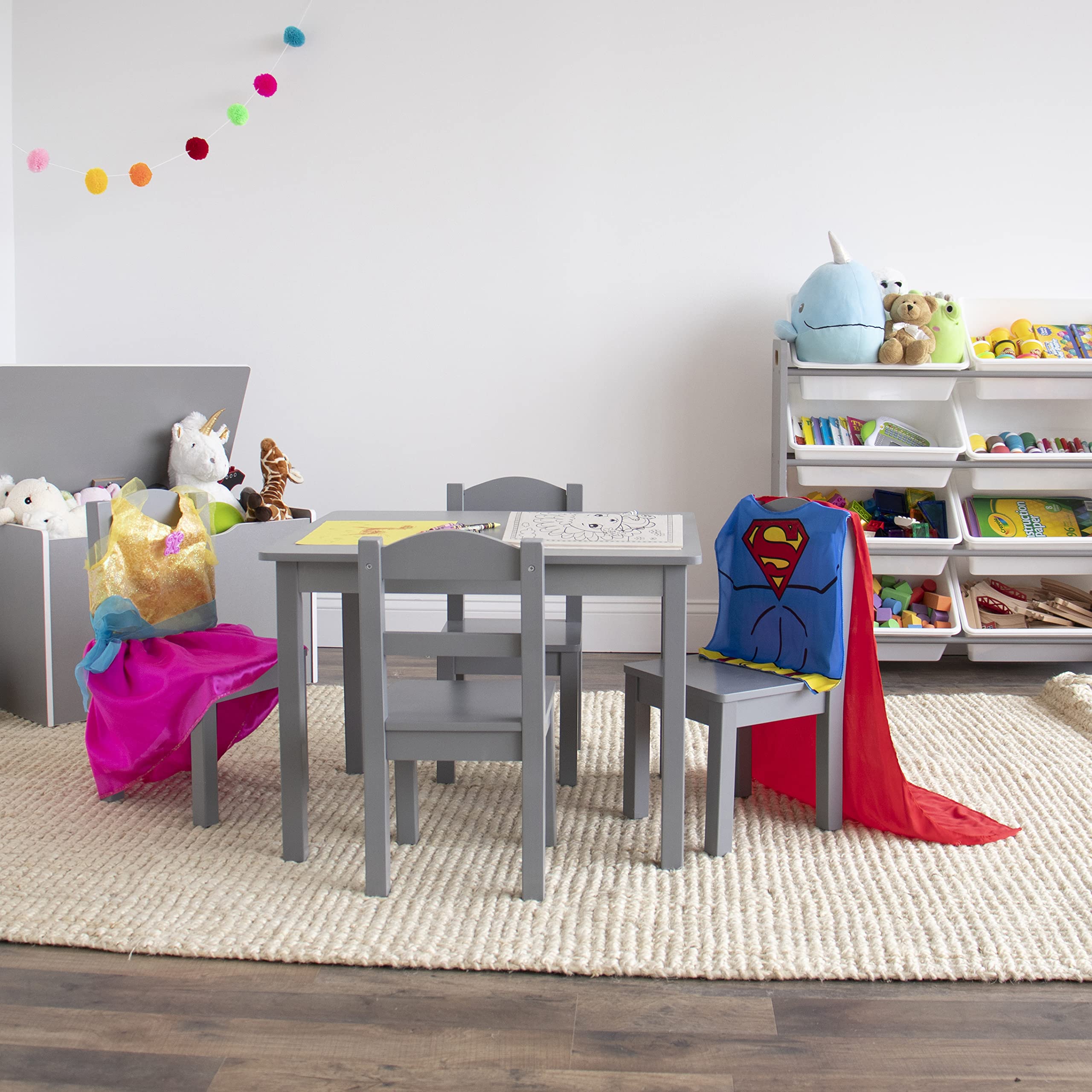 Kids Wooden Table and 4 Chairs Set, Grey - Kids Table and Chair Set