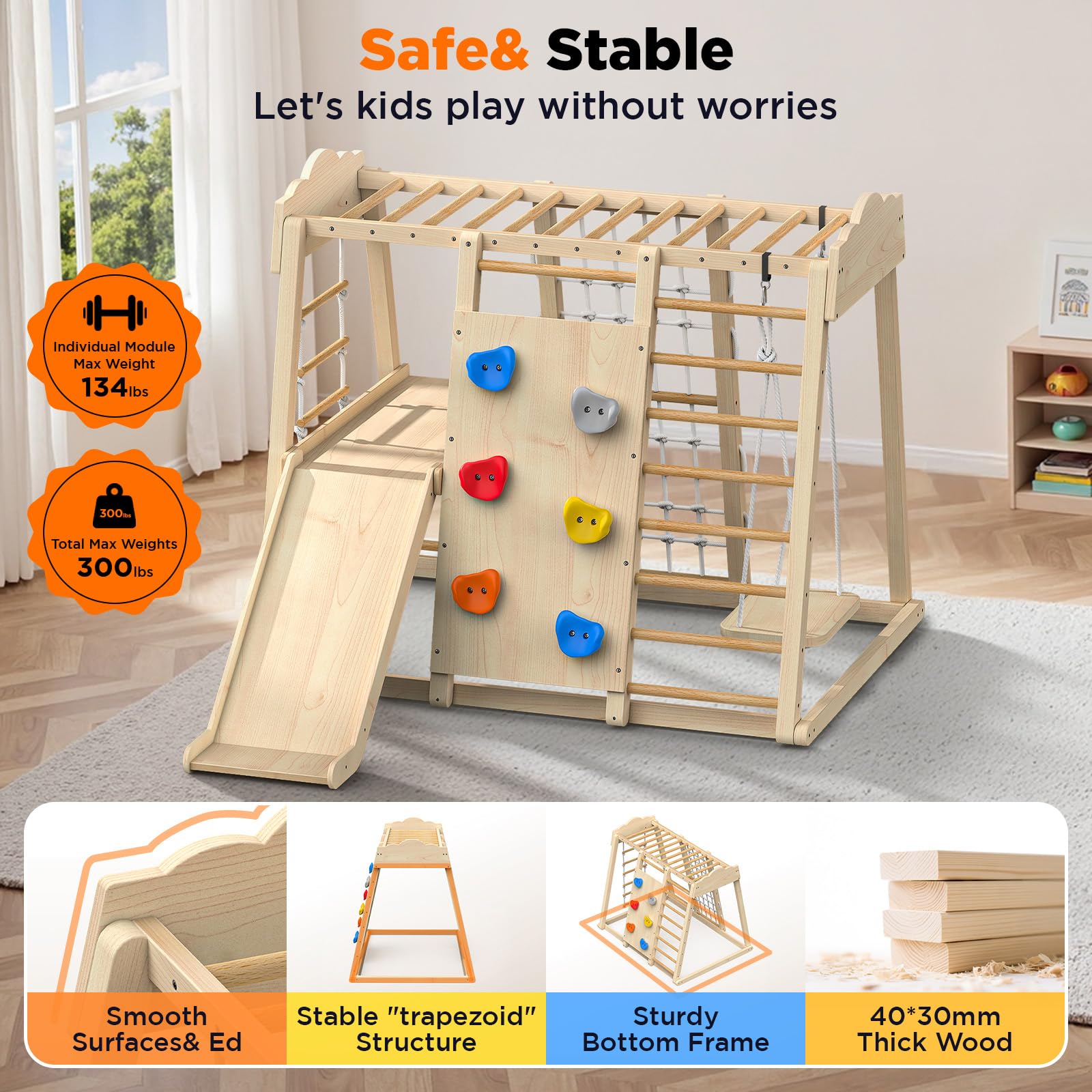 8-in-1 Wooden Indoor Jungle Gym with Swing and Slide