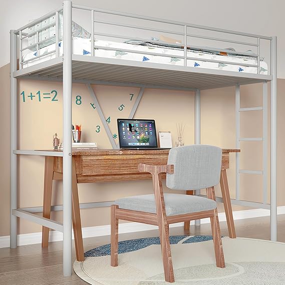 Twin Size Loft Bed with Full-Length Guardrails and Removable Ladder
