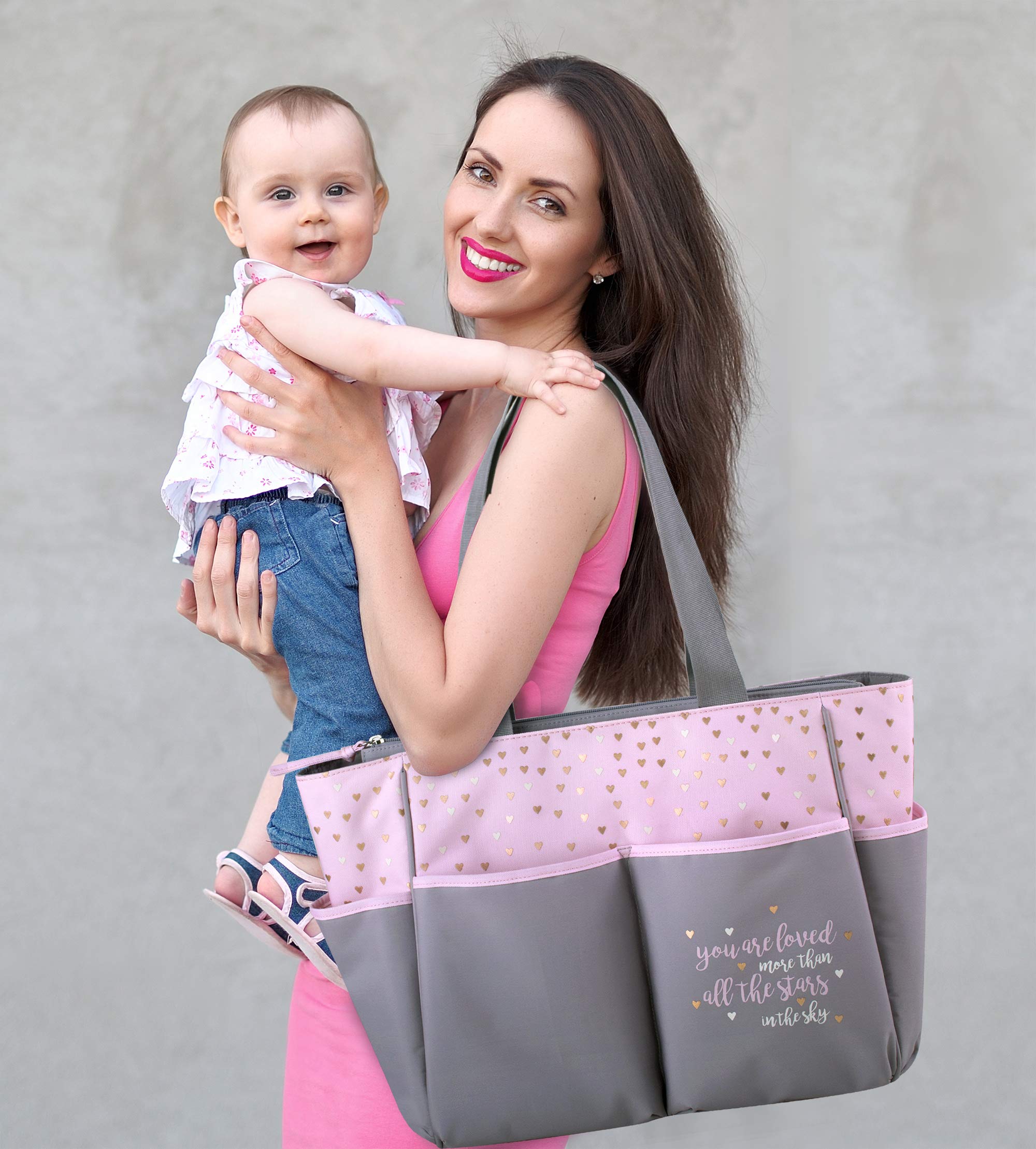 Diaper Bag Tote 5 Piece Set with Sun, Moon, and Stars, Wipes Pocket
