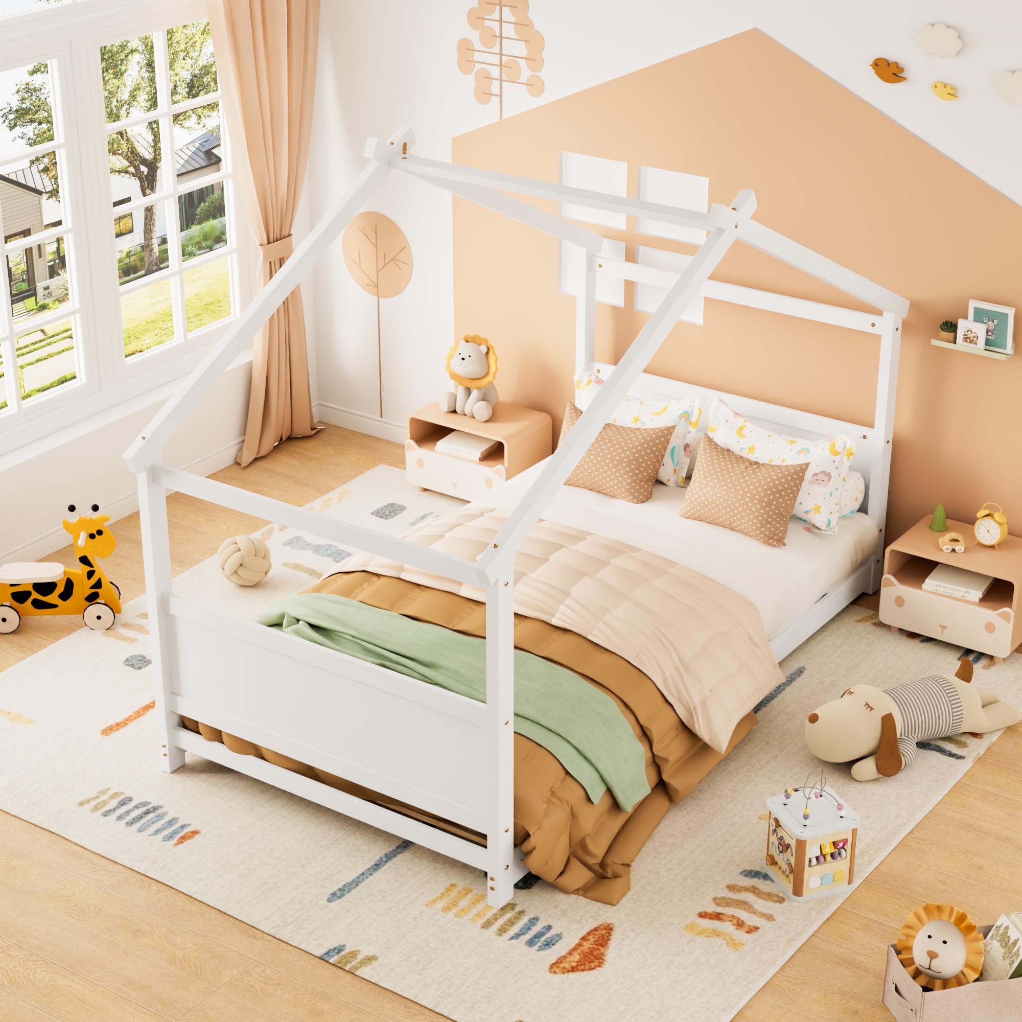 Twin Floor House Bed, Wood Twin Floor Bed Frame with Headboard & Footboard