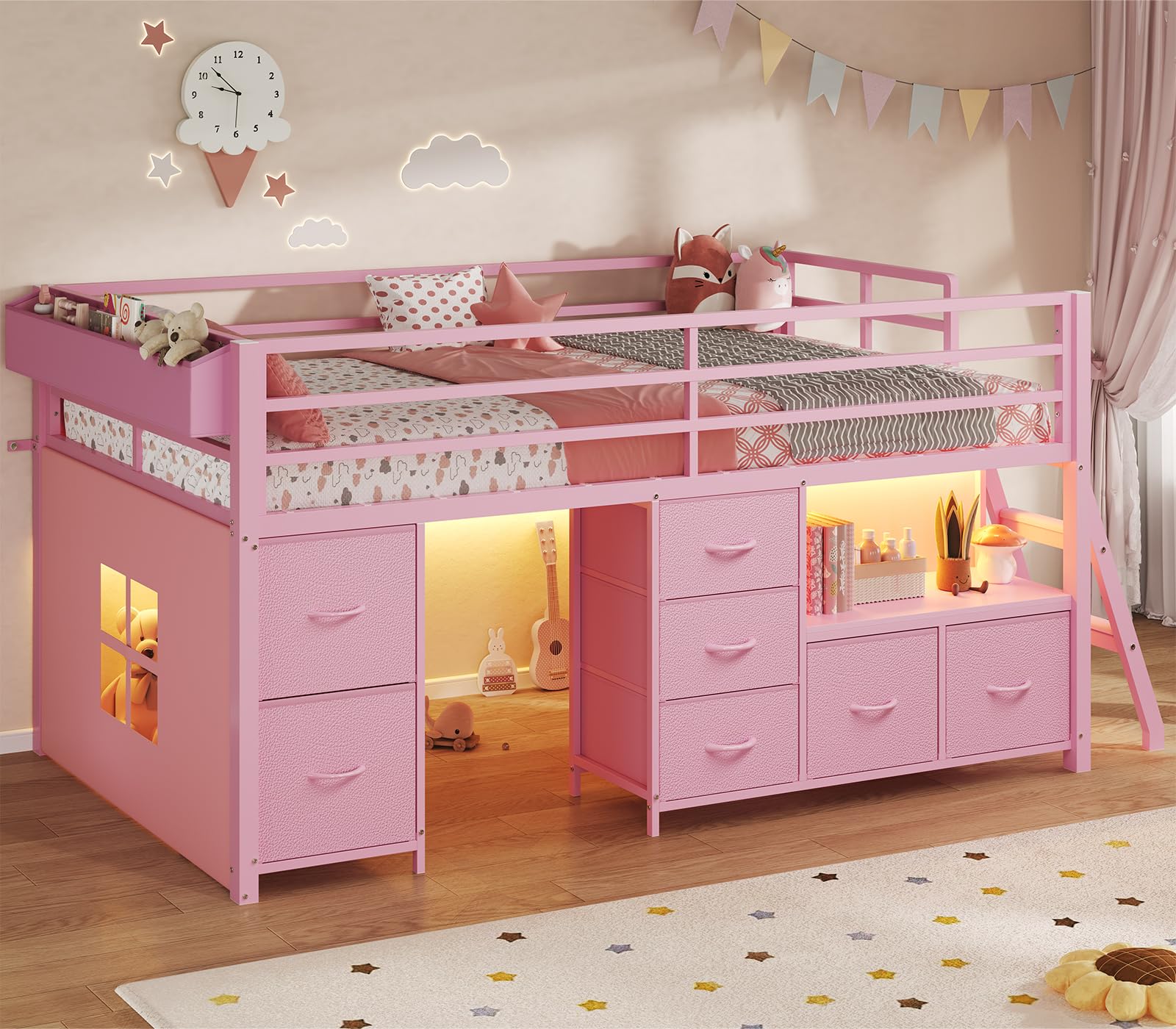 Twin Low Loft Bed with Storage Drawers and LED Lights