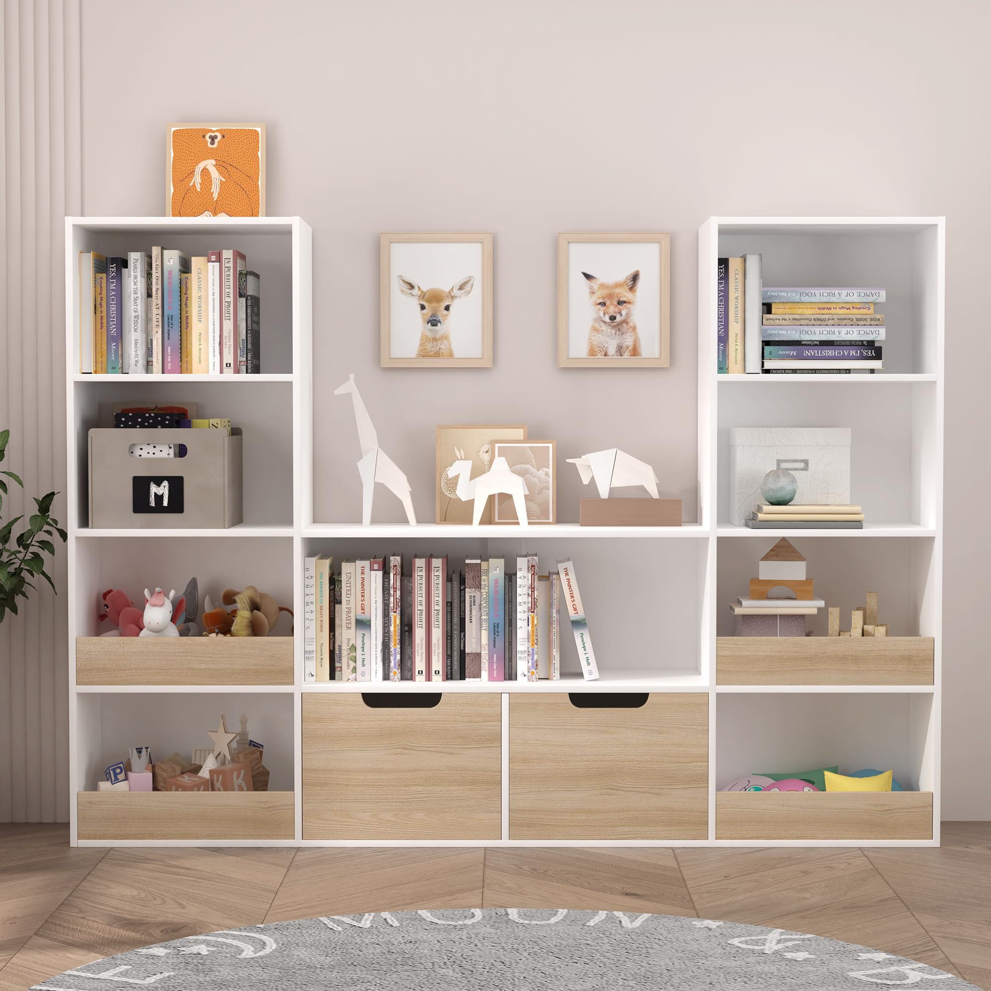 4 Tier Kids Bookshelf and Toy Storage, Castle Bookcase with Drawers, Reading Nook
