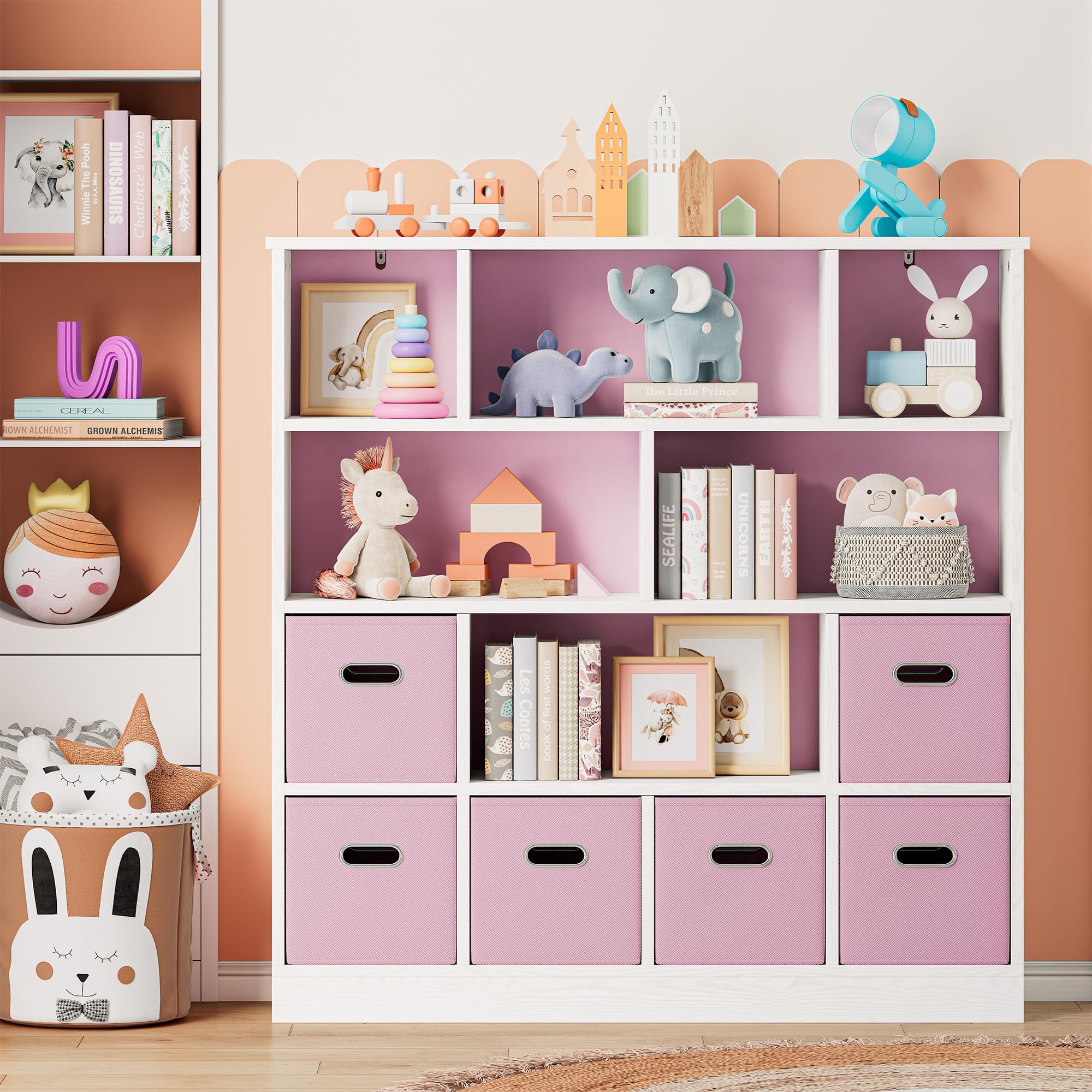 Wooden 12-Cube Storage Organizer Shelf with 6 Bins, 3-Tier Open Bookcase