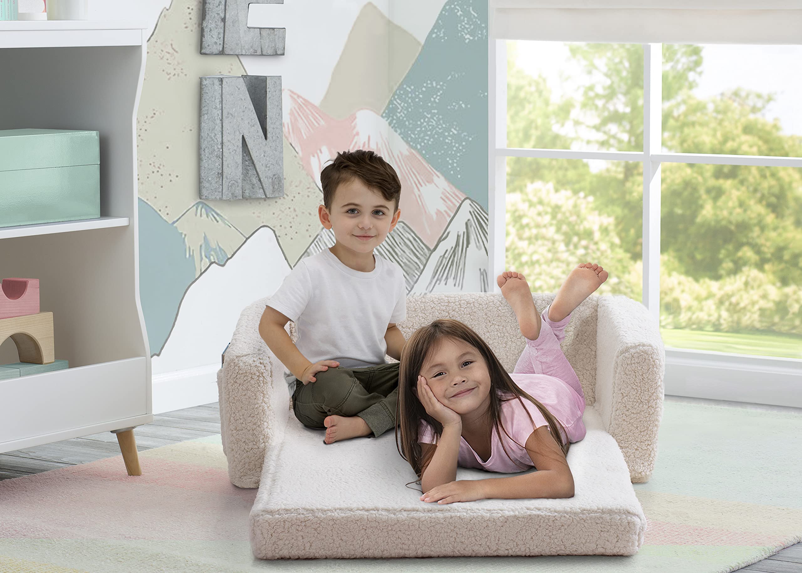 Cozee Flip-Out Sherpa 2-in-1 Convertible Sofa to Lounger for Kids, Cream