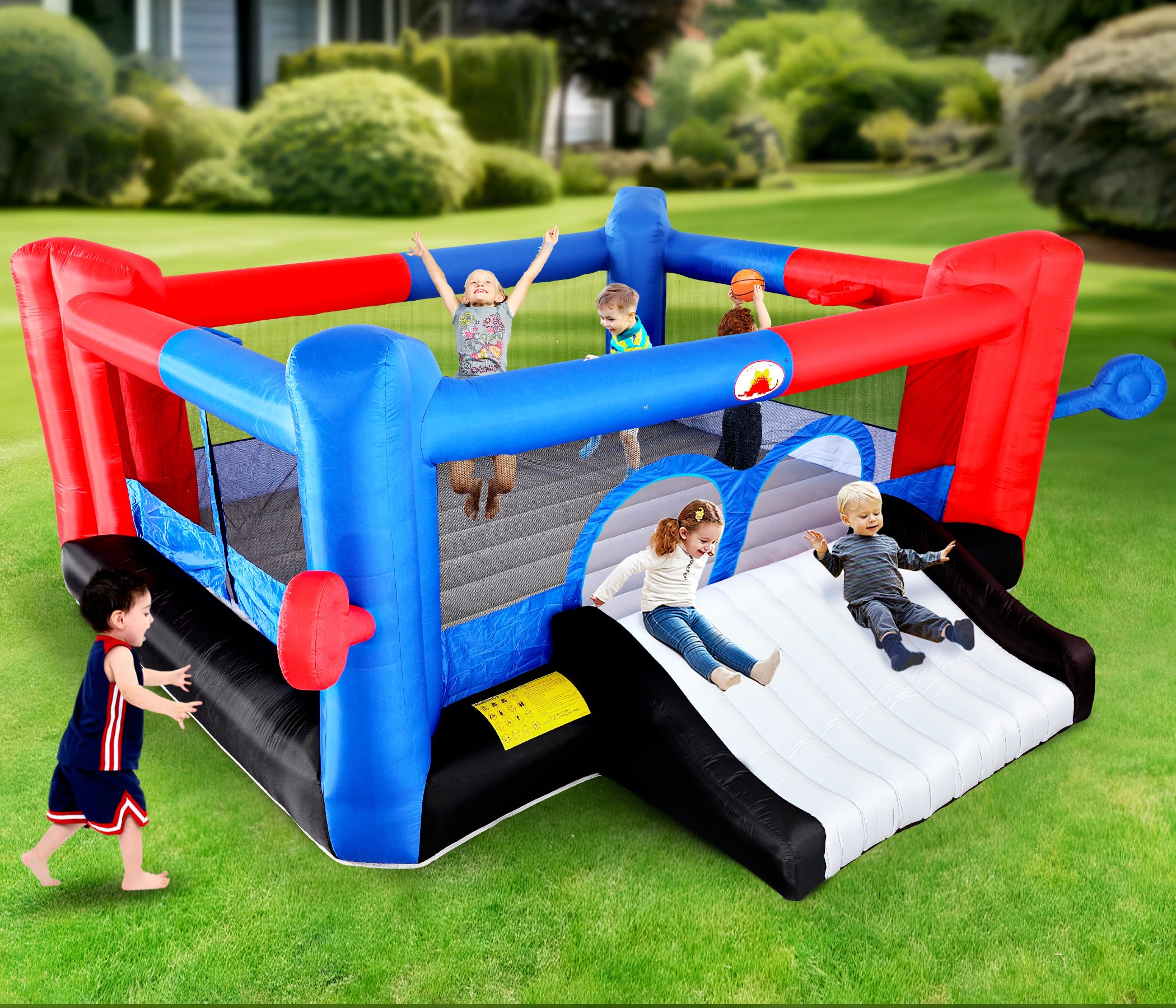 Inflatable Bounce House with Dual Slides and Basketball Hoops