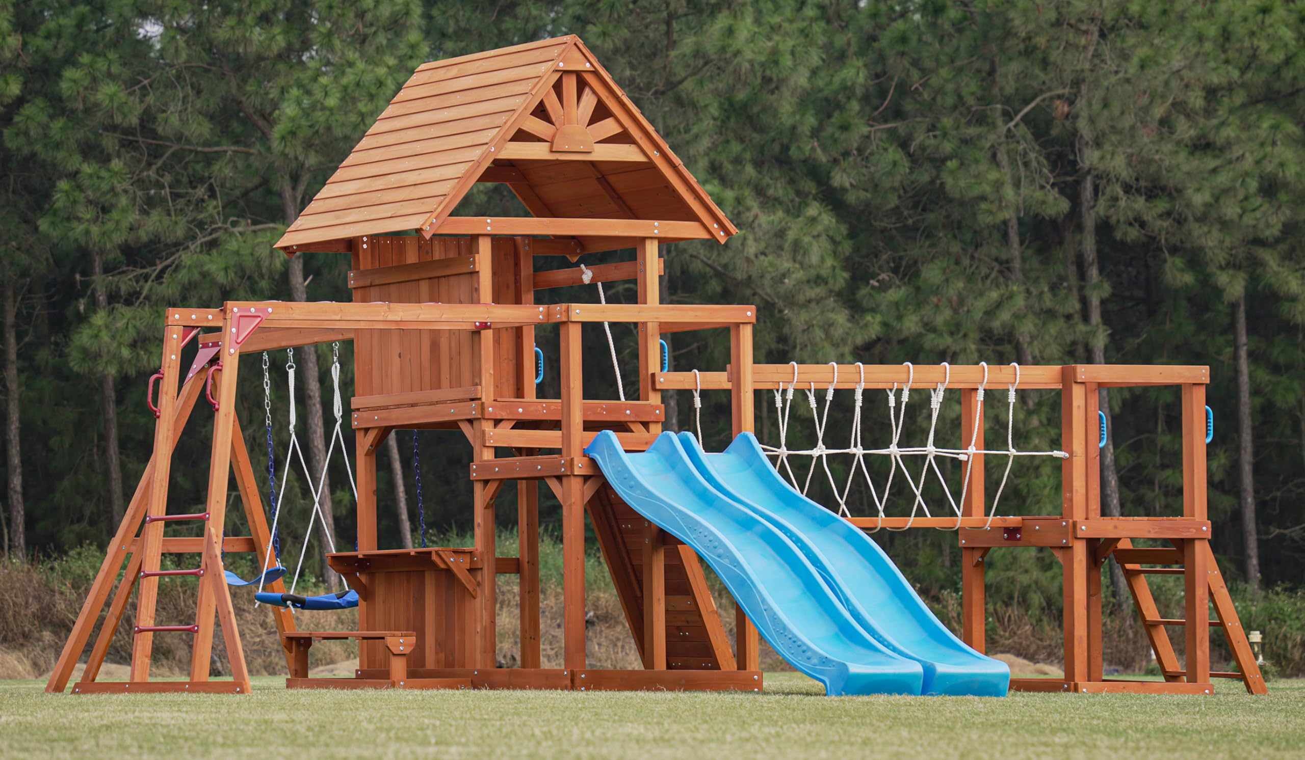 Wooden Swing Set with Monkey Bar Plank Bridge Climbing Wall