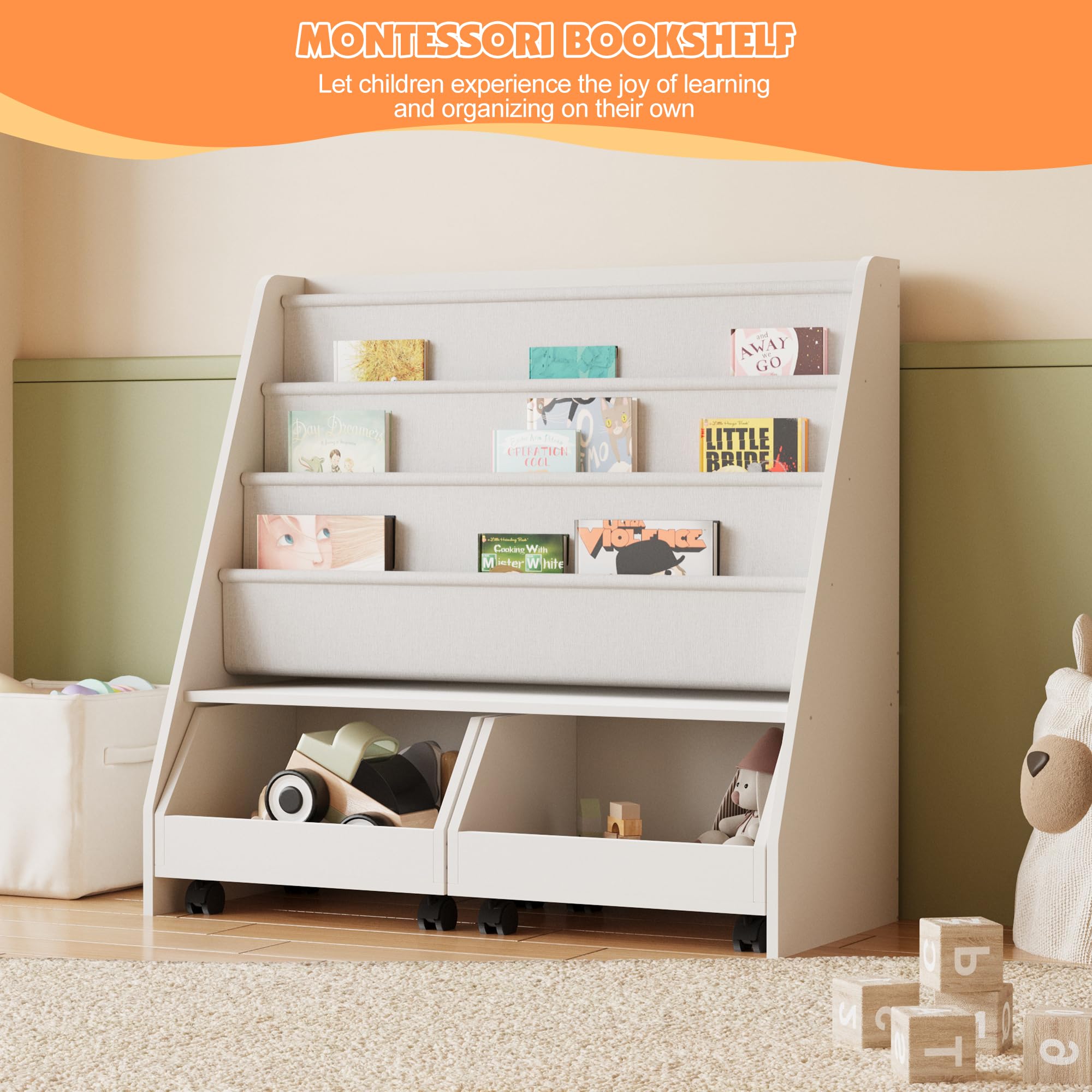 Kids Bookshelf with Storage Drawers and Sling Pockets