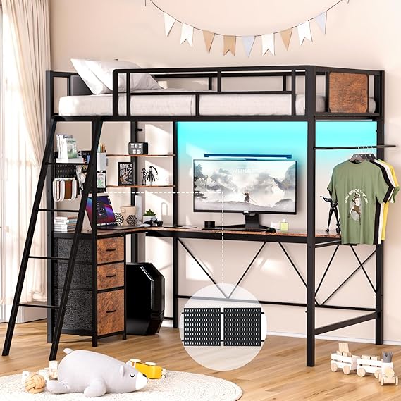 Loft Bed Twin Size with L-Shaped Desk, LED Lights