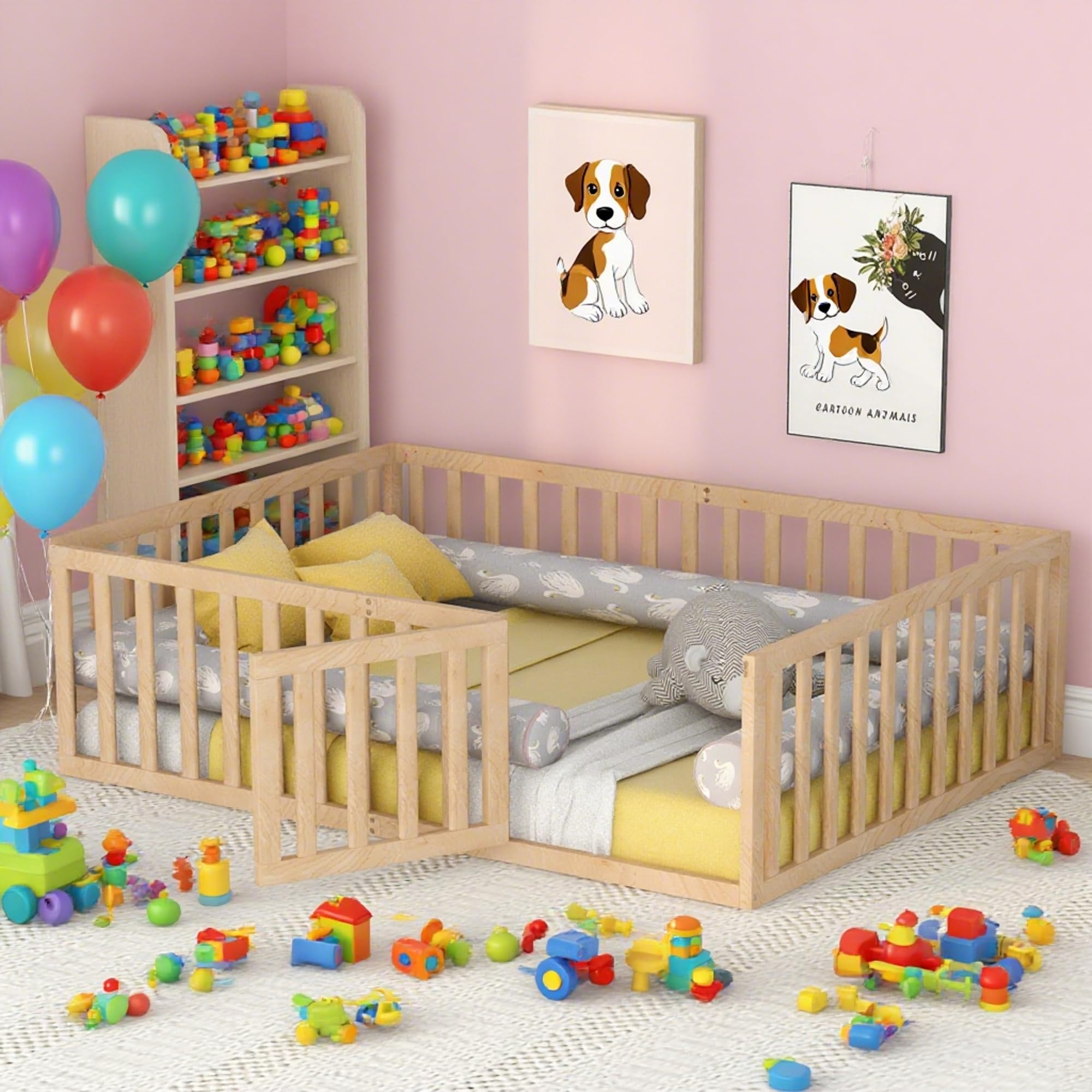 Queen Floor Bed with High Fence and Door, Wood Montessori