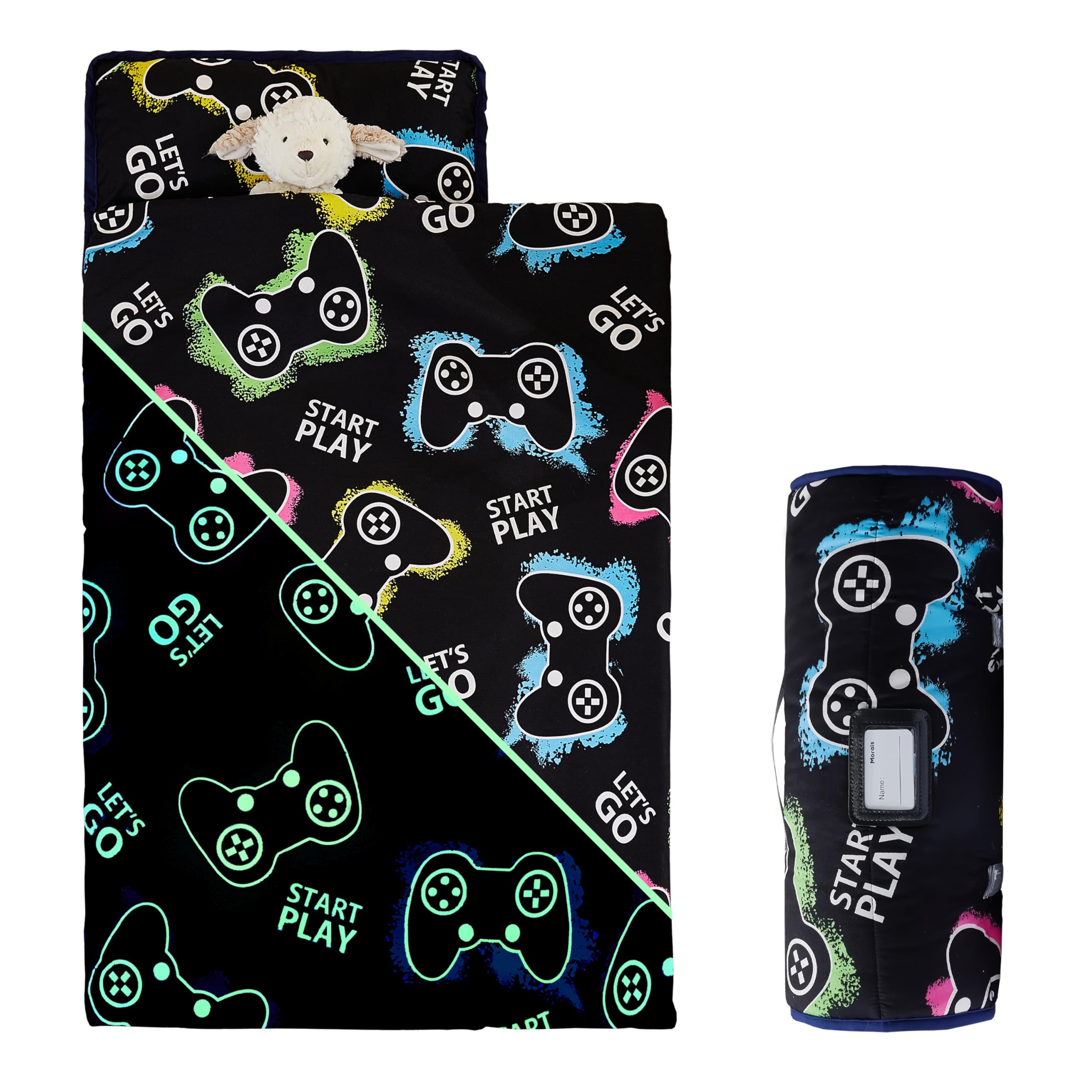 MORAIS Toddler Nap Mat with Removable Pillow and Blanket, Glow in The Dark 52" x 20" Lightweight and Soft Nap Mat for Preschool, Daycare, Travel Sleeping Mat Slumber Bag for Kids (Game)