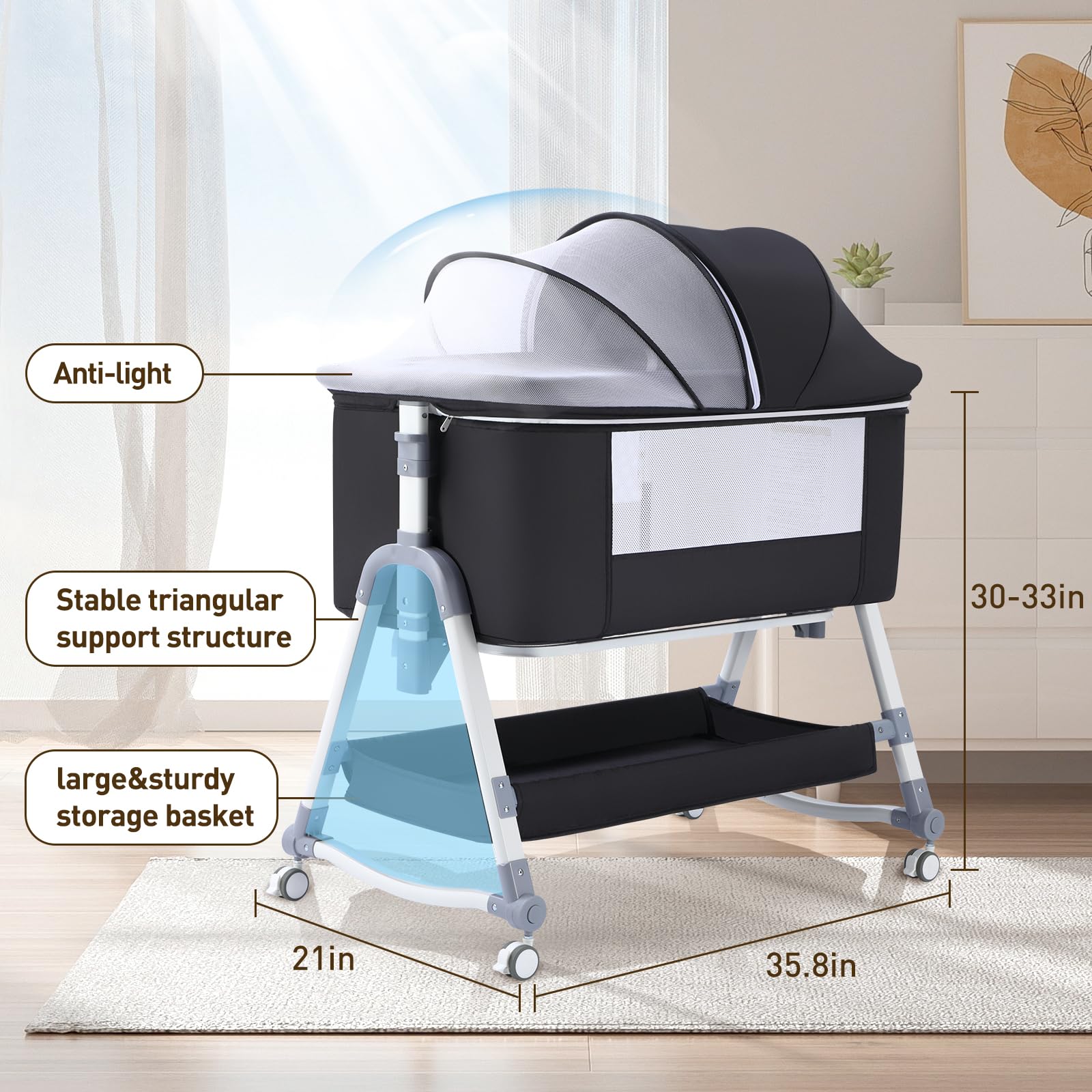 4-in-1 Bedside Bassinet with Wheels and Storage