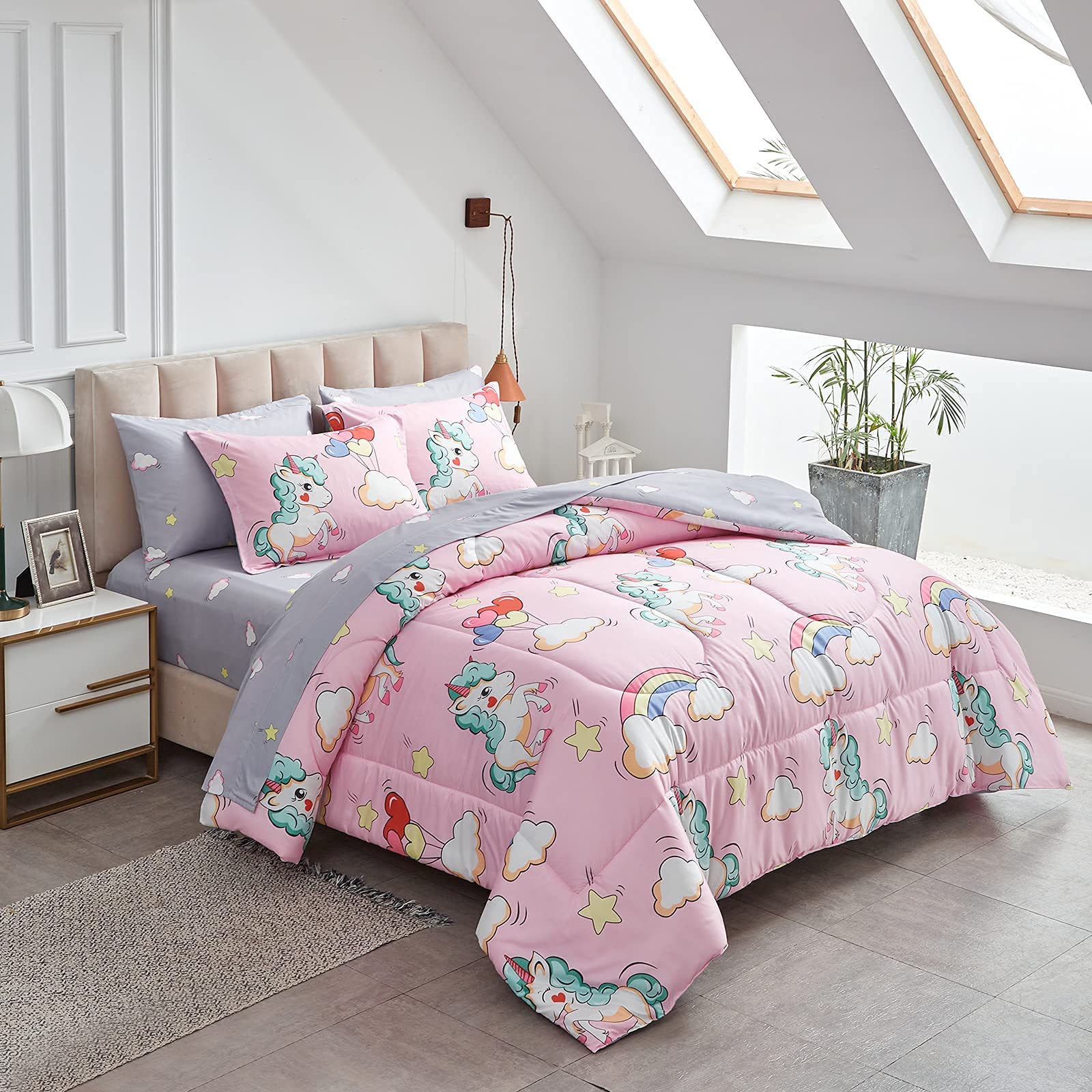 BEDDING Kids Girls Bed in a Bag 7 Pieces Queen Size Unicorn
