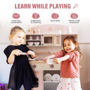 ROBUD Play Kitchen for Kids Toddlers, Wooden Play Kitchen with Realistic Accessories, Toy Kitchen Set with Plenty of Play Features, Modern Style Toy Kitchen for Girls & Boys, Gift for Ages 3+, Pink