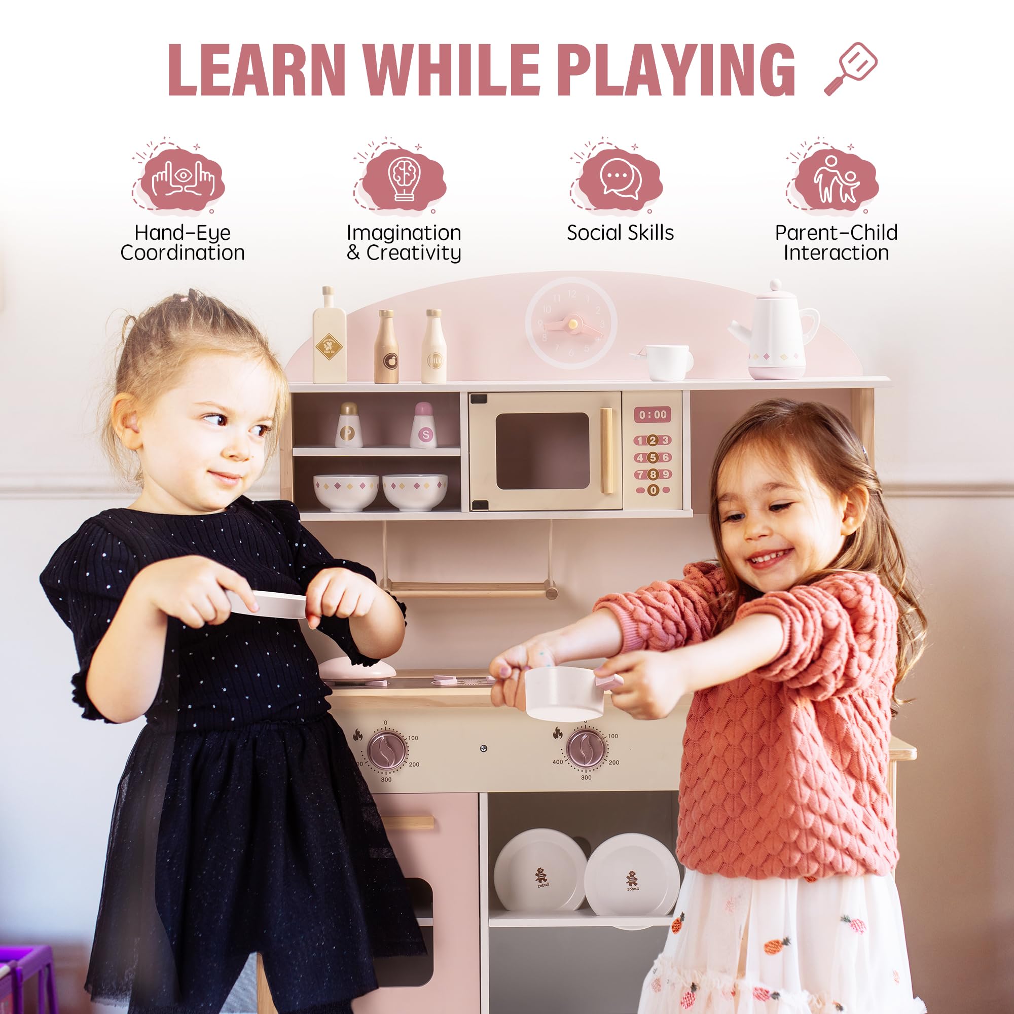 ROBUD Play Kitchen for Kids Toddlers, Wooden Play Kitchen with Realistic Accessories, Toy Kitchen Set with Plenty of Play Features, Modern Style Toy Kitchen for Girls & Boys, Gift for Ages 3+, Pink